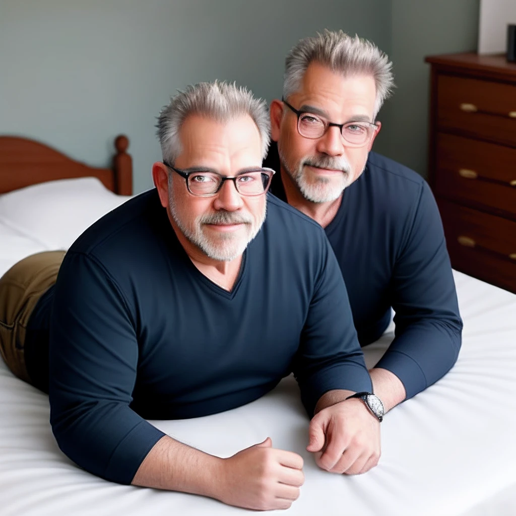 Hyper realistic photo of twins hairy alpha white caucasian male, silverfox in his forties, deep blue eyes, silver grey hair, heavy hairy body hair, short beard, shirtless, kneeling down naked  in bed, flexing his hard monster muscles, jerking off each other, 