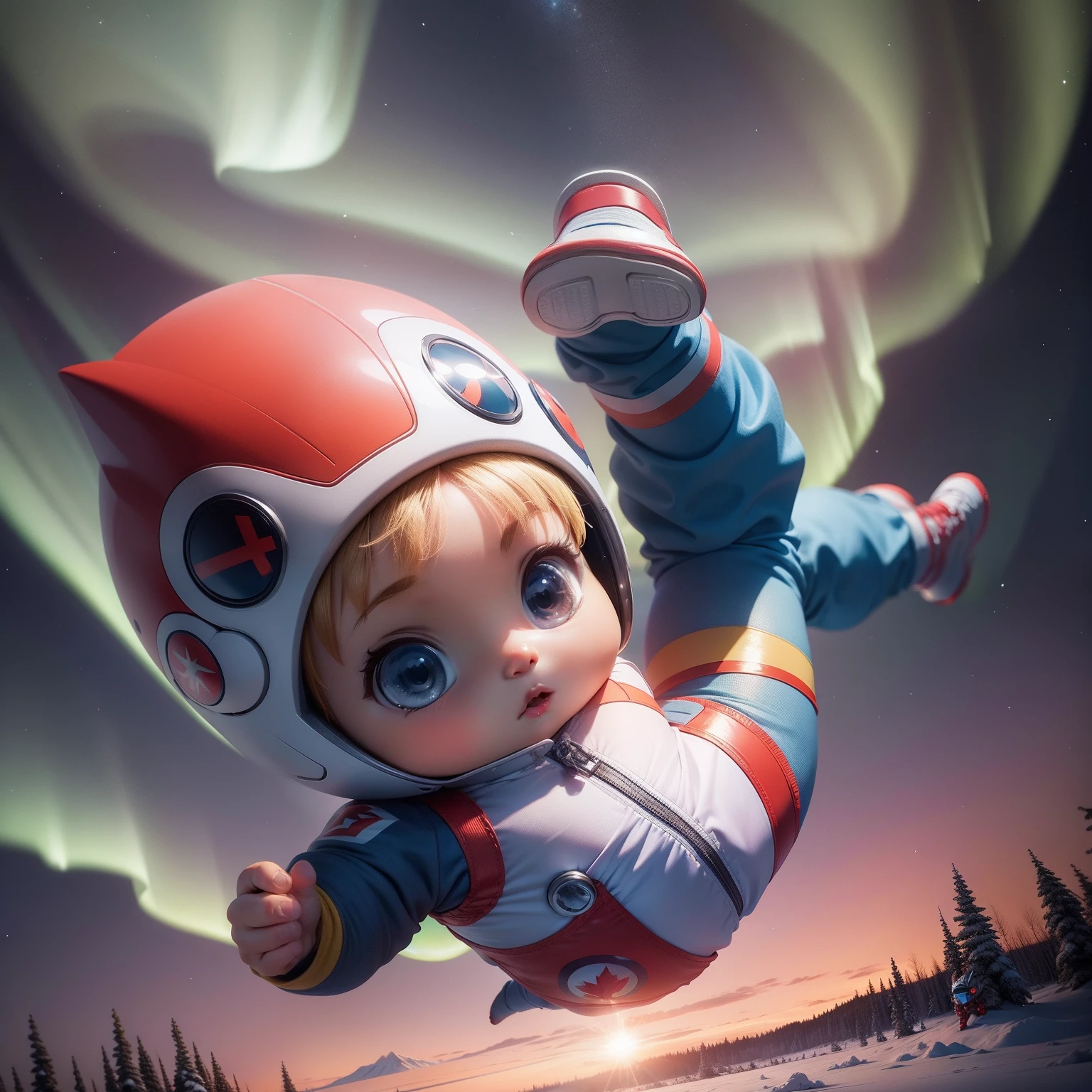 Cute baby chibi anime in Ultraman suit, Aurora Borealis in Canadian Yellowknife,fullllbody,Highkick