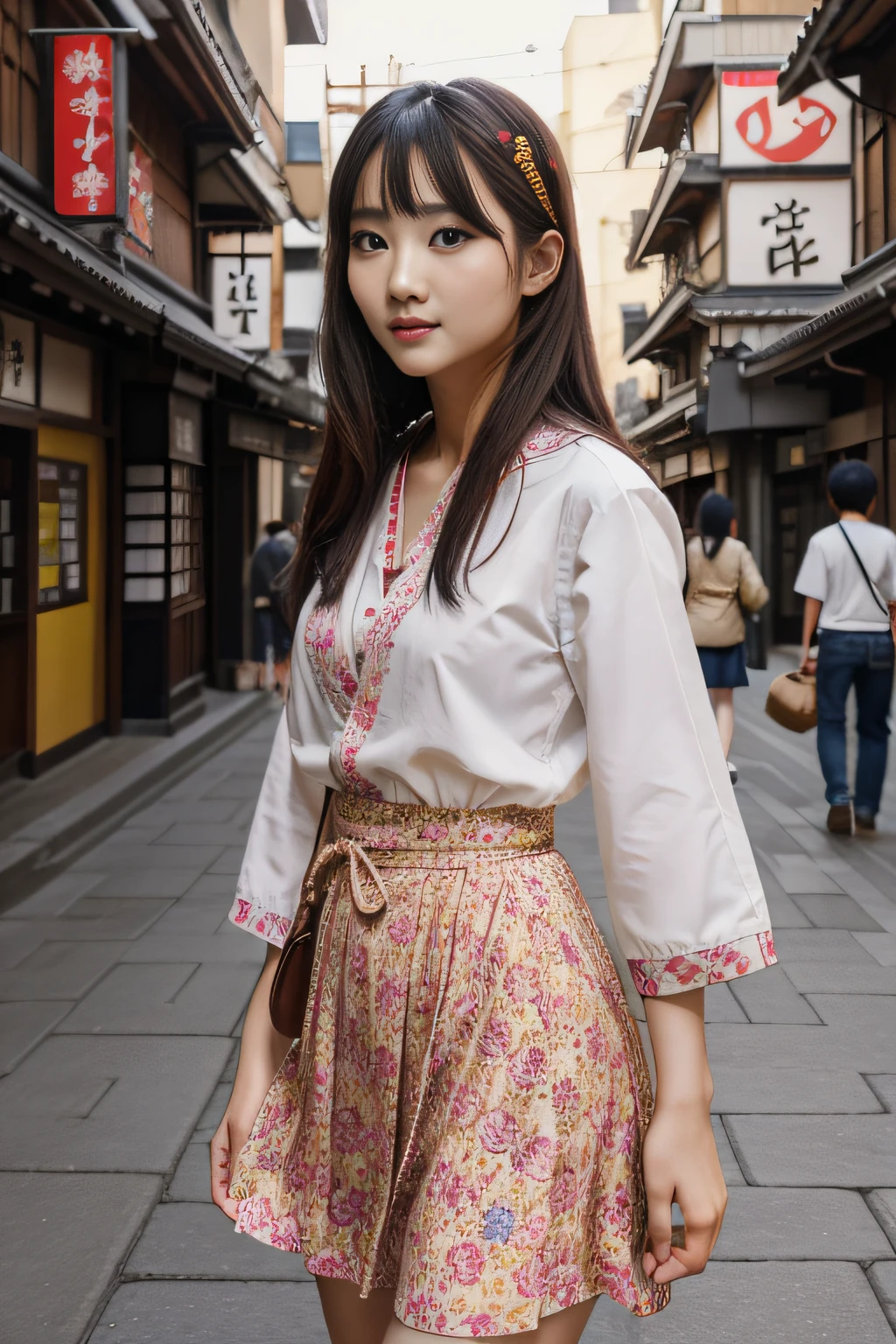 High quality、masutepiece、超A high resolution、(Photorealistic:1.4)、Hakata Beauty、japanes、Clothes with fancy patterns、colorfull dress、skirt by the、(Thin eyebrows:0.2)、(thin lipss:0.8)、(small nose:0.8)、Appearance without makeup、Walk、cowboy  shot、(the perfect body:1.2)、(small nipple:0.7)、Scenery of Hakata、Streets of Hakata、By Michelangelo、ulzzang -6500-v1.1