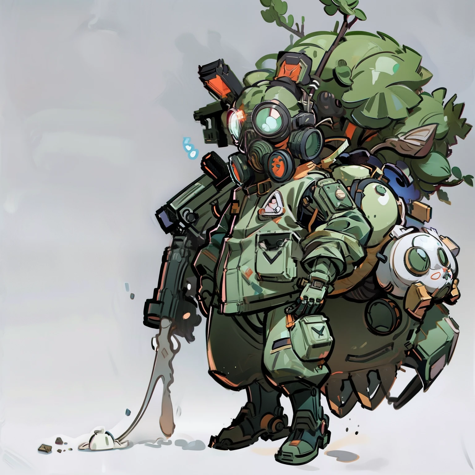 masutepiece, Best Quality, ((Full body shot)), No background, White background, a gas mask, Robot goggles, headphones, mechanical bunny hat, Military, Man's, long boots, camo, Chibi