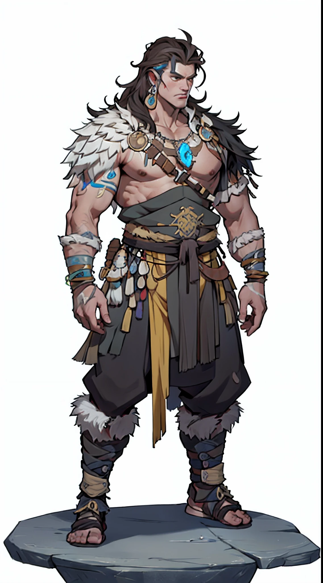 1boys,((独奏)),full bodyesbian,European and American cartoon design,Primitive tribal elements,Barbarians、Snow and ice elements,standing on your feet,white backgrounid,Magical fantasy design,character concept design,tmasterpiece,best qualtiy,Best resolution,high definition detail