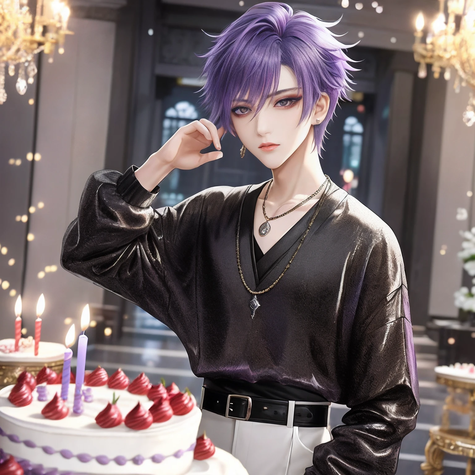 You are having a birthday party, Birthday decoration isolated on white background, Professional Photos, At Fed Man with Necklace, inspired by Sim Sa-jeong, androgynous vampire, :9 detailed face: 8, extra detailed face, detailed punk hair, ((Gray)) baggy eyes, Seductive. Highly detailed, semi realistic anime, Vampires, hyperrealistic , delicate androgynous prince, imvu, Bright purple hair, Gray eyes, Black Casual Korean Men's Fashion((Plain clothe)), Have a cake, Center parting bangs, short hair above the ears, ((Glaring expression)), Wild look, looking distantly, high-level image quality, masterpiece, ((1 male human)), Hands together, Cake in front of you, celebration