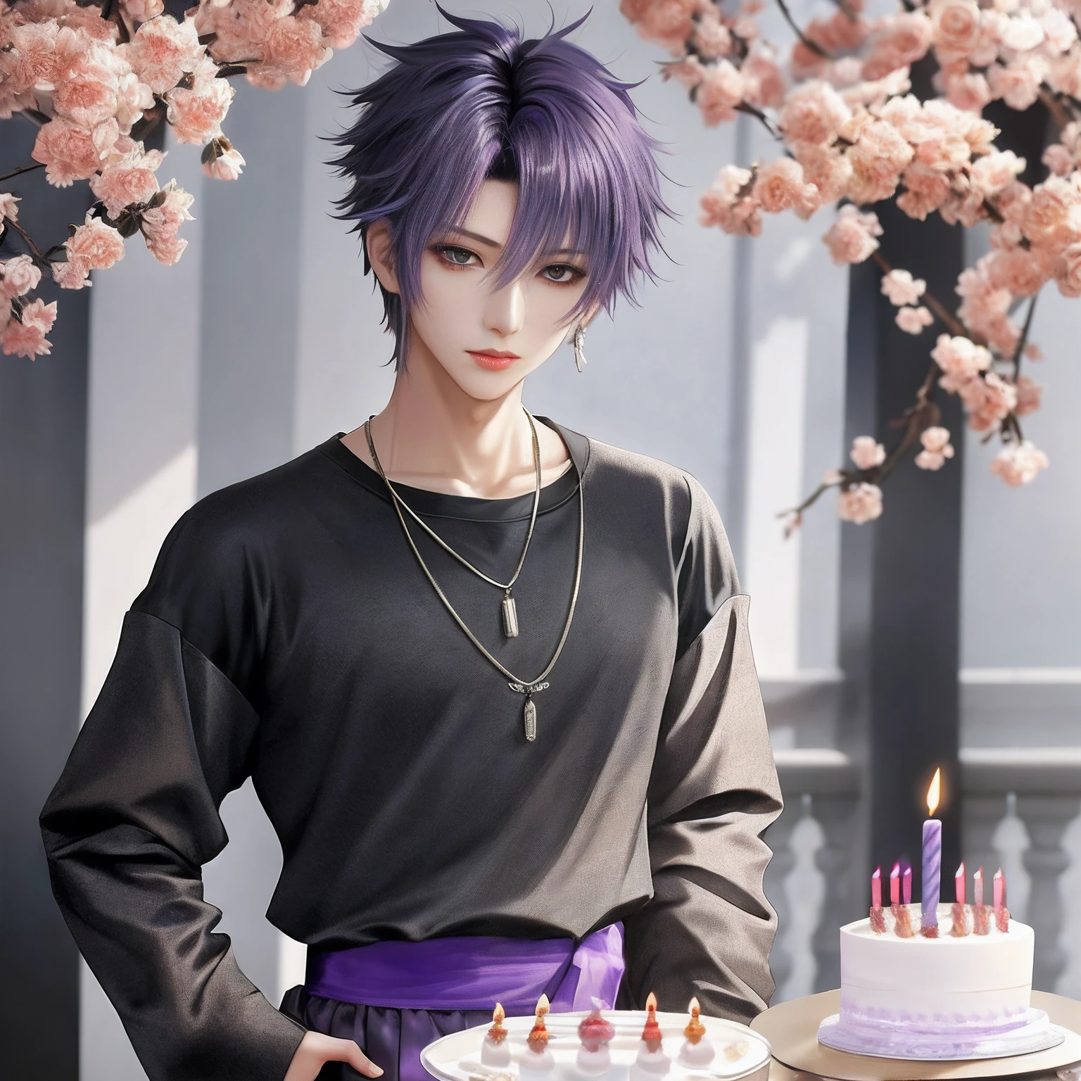 You are having a birthday party, Birthday decoration isolated on white background, Professional Photos, At Fed Man with Necklace, inspired by Sim Sa-jeong, androgynous vampire, :9 detailed face: 8, extra detailed face, detailed punk hair, ((Gray)) baggy eyes, Seductive. Highly detailed, semi realistic anime, Vampires, hyperrealistic teen, delicate androgynous prince, imvu, Bright purple hair, Gray eyes, Black Casual Korean Men's Fashion((Plain clothe)), Have a cake, Center parting bangs, short hair above the ears, ((Glaring expression)), Wild look, looking distantly, high-level image quality, ​masterpiece, ((1 male human)), Hands together, Cake in front of you, celebration