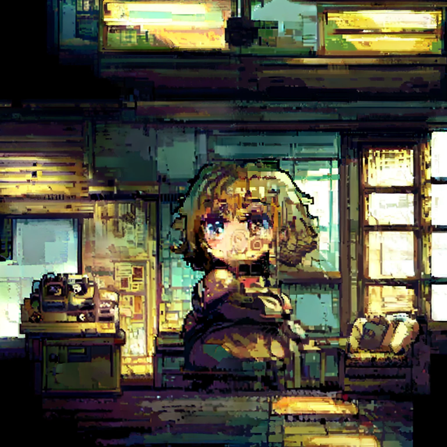 girl with very short, well-curly hair, white skin, dark brown eyes, large circles under her eyes, sitting on a chair, in the background is a room