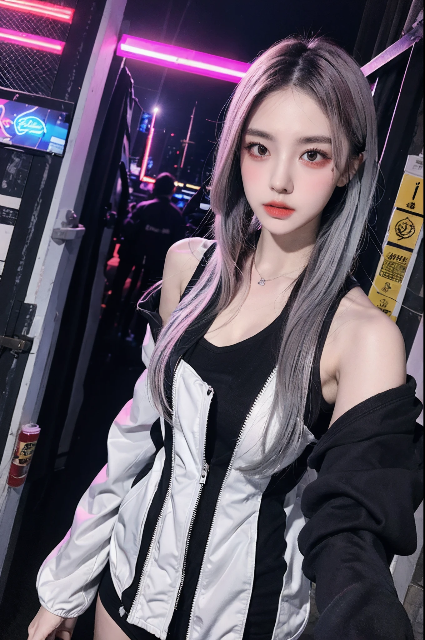 lucy \(Cyberpunk\), 1girll, hair scrunchie, hime-cut, Silver hair, colored tips, full moon, With gray eyes, Jacket, Long sleeves, view the viewer, Medium hair, O cabelo multicolorido, Bangs separated, lips parted, A pink-haired, Portrait, Red eyeliner, Redlip, Solo, White jacket, cyber punk perssonage\(Series\), Rainy night in neon-lit cyberpunk city,(A half body,中景 the scene is,Dew right shoulder),With a bat in hand,Baseball batting position,Swing a bat,Hit baseball