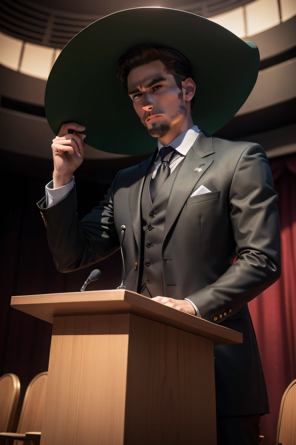 Background auditorium podium,There was a gentleman in a black suit standing behind the podium,Only the upper body leaks,There is a green hat on the podium