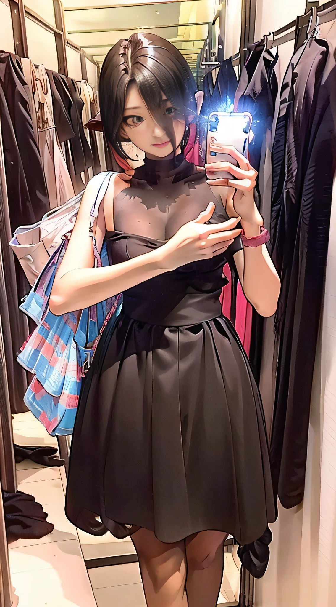 Colorful mid-egg curls,Colorful dropped shoulder short sleeves,colorful skirt,ellegance,downy,((ultra - detailed)),((eyes with brightness)),(Detailed eyes),8k,winking,((Realistic skin)),((Focus detail 2 straps on the shoulders of the clothes)),((Shiny facial skin)),Full body posture,(Qinghai Lake in the background),Dream girl,Long legs,