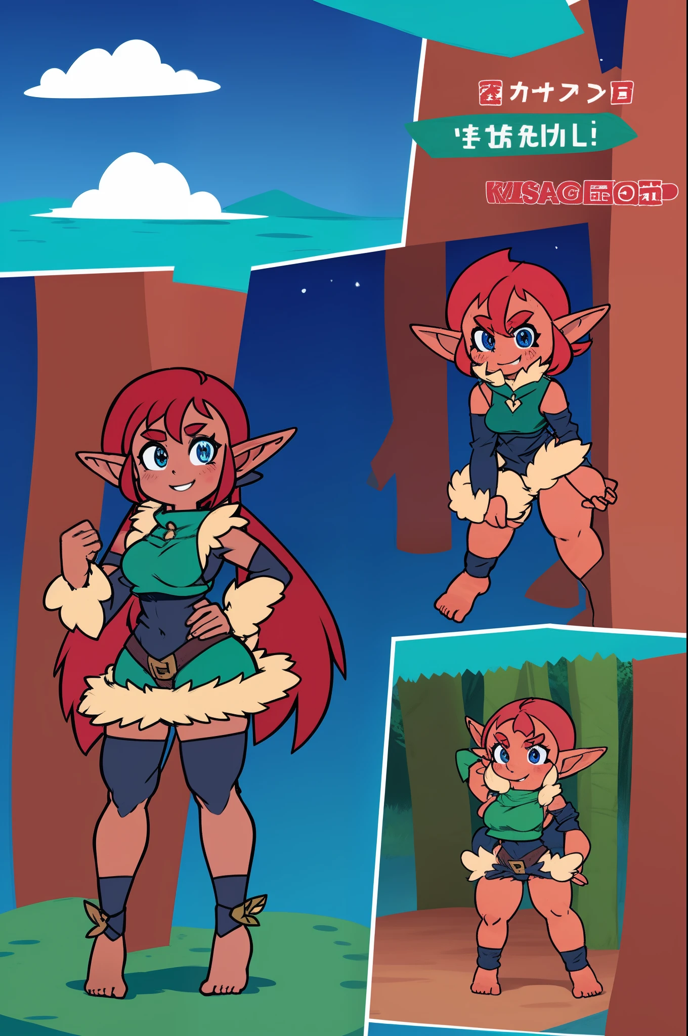 loam, standing, short, vest, elf girl, medium breast,,red hair, elf ears,tomboy, forest, alone, smile