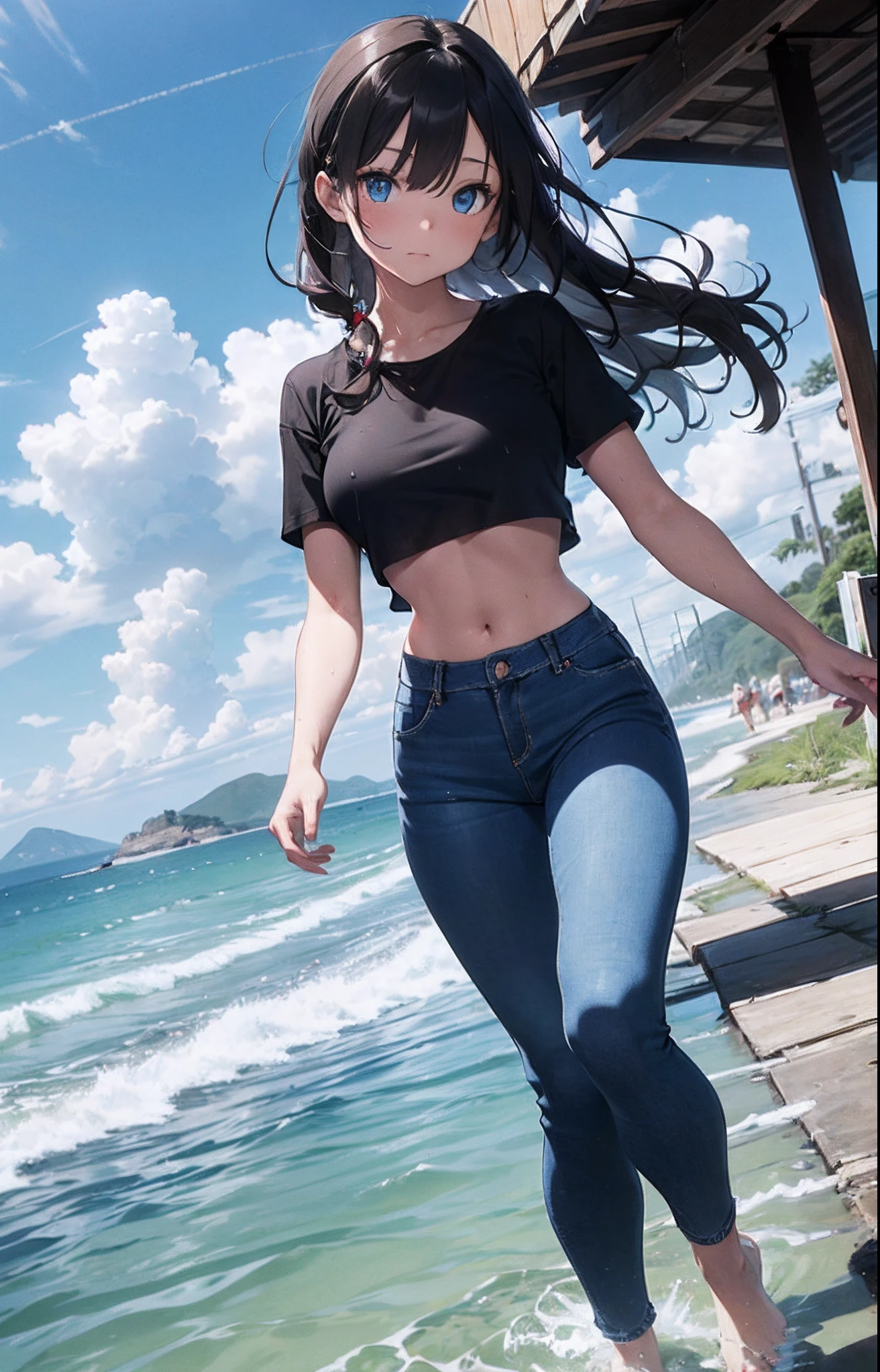 masterpiece, extremery magnificent view, perspective, extremery best quality, extremery detailed CG, 8k wallpaper, high resolution, highly detailed face, highly detailed eyes, perfect anatomy, super detailed skin,
(dynamic angle, dynamic pose:1.2), outdoors, beach, soothing waves, (portrait, legs focus, full body shot), (beautiful face, beautiful eyes, beautiful legs:1.3), walking in the water, wet,
1 girl, solo, (black cropped top, blue jeans pants:1.3), sexy cropped top, (skinny jeans:1.3), medium breasts, brown hair, long hair, straight hair, open forehead, (barefoot), blue eyes, short sleeves, (navel:0.8), skinny, slender, wide hips, thin waist