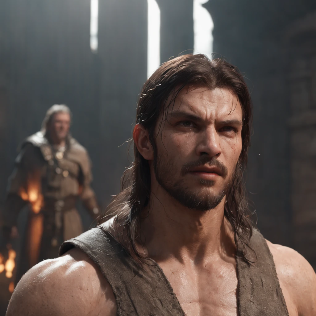 (professional 3d render:1.3) af (Realistic:1.3) most beautiful artwork photo in the world，Features soft and shiny male heroes, ((Epic hero fantasy muscle man rough wet hero angry looking long hair short beard and ferocious expression in dynamic pose, Fantastic location, Majestic cluttered environment)), Full body 8K unified rendering, action  shot, skin pore, very dark lighting, heavyshading, Detailed, Detailed face, (vibrant, photograph realistic, Realistic, Dramatic, Dark, Sharp focus, 8K), (Old leather garments damaged by weathering:1.4), ((((Wear fur)))), (Intricate:1.4), decadent, (Highly detailed:1.4), Digital painting, rendering by octane, art  stations, concept-art, smooth, Sharp focus, illustration, Art germ, (loish:0.23), wlop ilya kuvshinov, and greg rutkowski and alphonse mucha gracias, (Global illumination, Studio light, volumettic light), heavy rain, particles floating, lotr, fantasy, elf, full bodyesbian, ((Dark and ancient city background:1.3)),CGSesociety,art  stations,Arafard men in white robes hold crosses in church, Guviz-style artwork, wojtek fus, Render in Unreal Engine 5, alexey egorov, rendered in corona, Catholic, in a large cathedral, picture of a male cleric, Majestic son, charlie bowater character art, inspired by Mathieu Le Nain