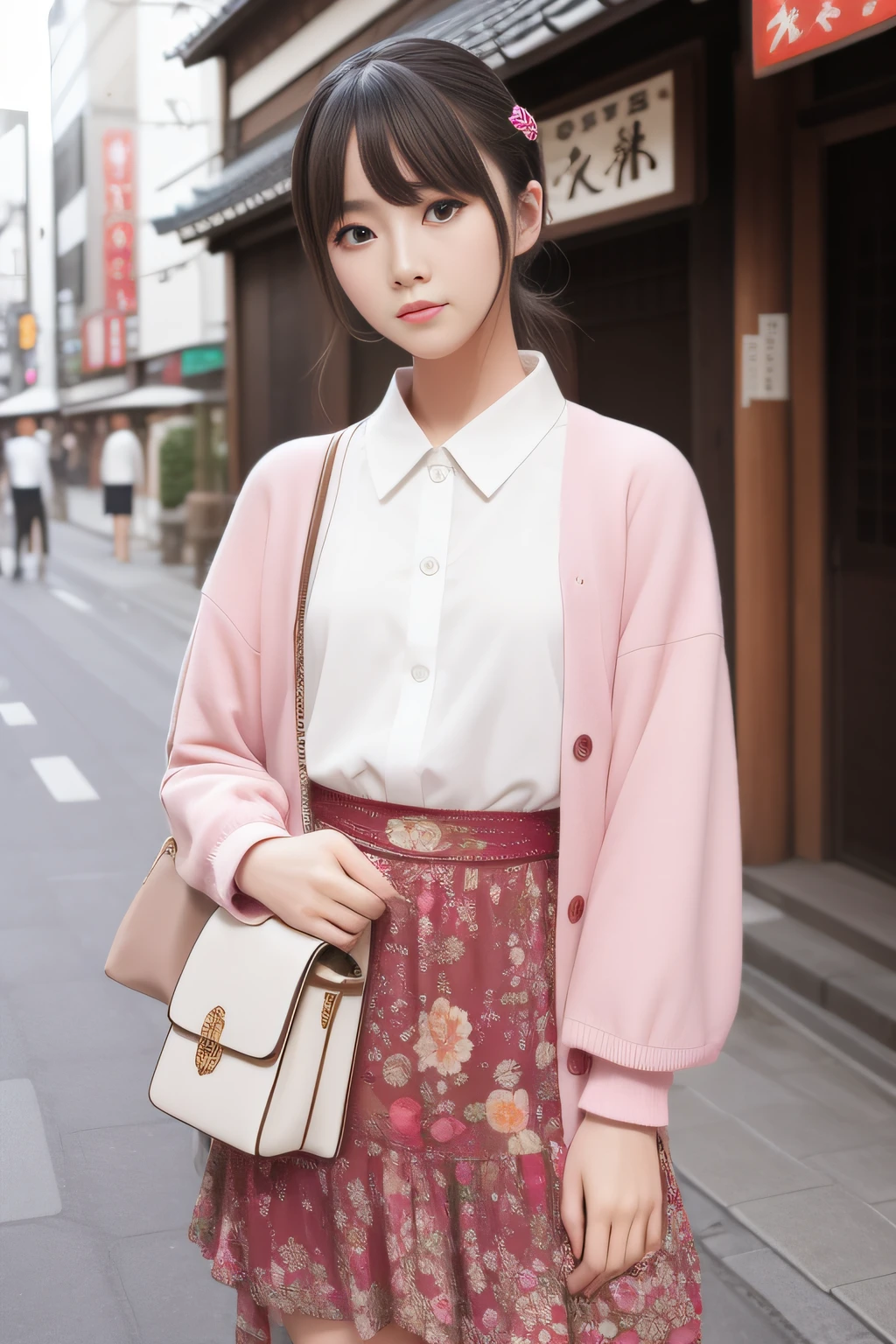 High quality、masutepiece、超A high resolution、(Photorealistic:1.4)、Hakata Beauty、japanes、Clothes with fancy patterns、colorfull dress、skirt by the、(Thin eyebrows:0.2)、(thin lipss:0.8)、(small nose:0.8)、Appearance without makeup、Walk、cowboy  shot、(the perfect body:1.2)、(small nipple:0.7)、Scenery of Hakata、Streets of Hakata、By Michelangelo、ulzzang -6500-v1.1