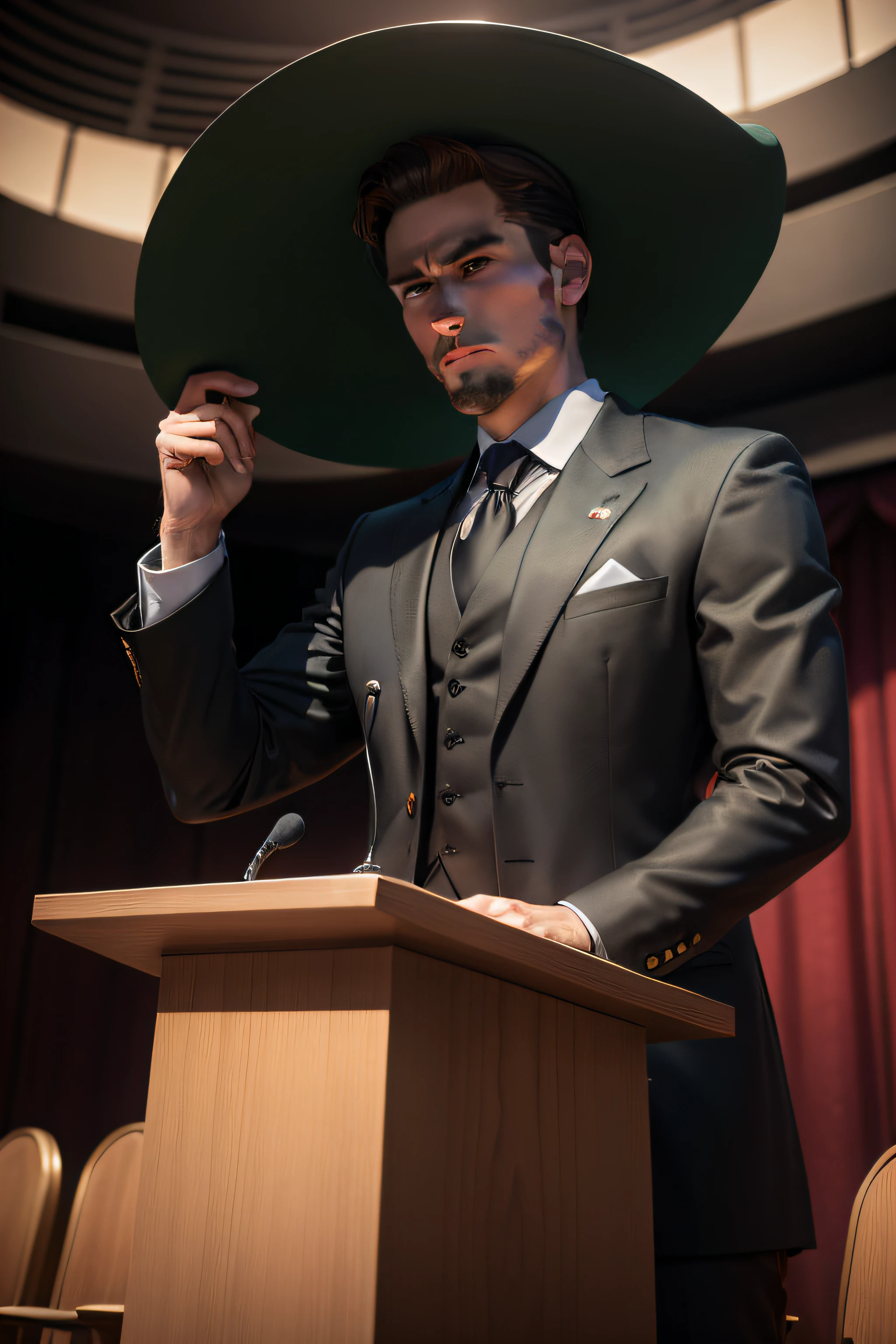 Background auditorium podium，There was a gentleman in a black suit standing behind the podium，Only the upper body leaks，There is a green hat on the podium
