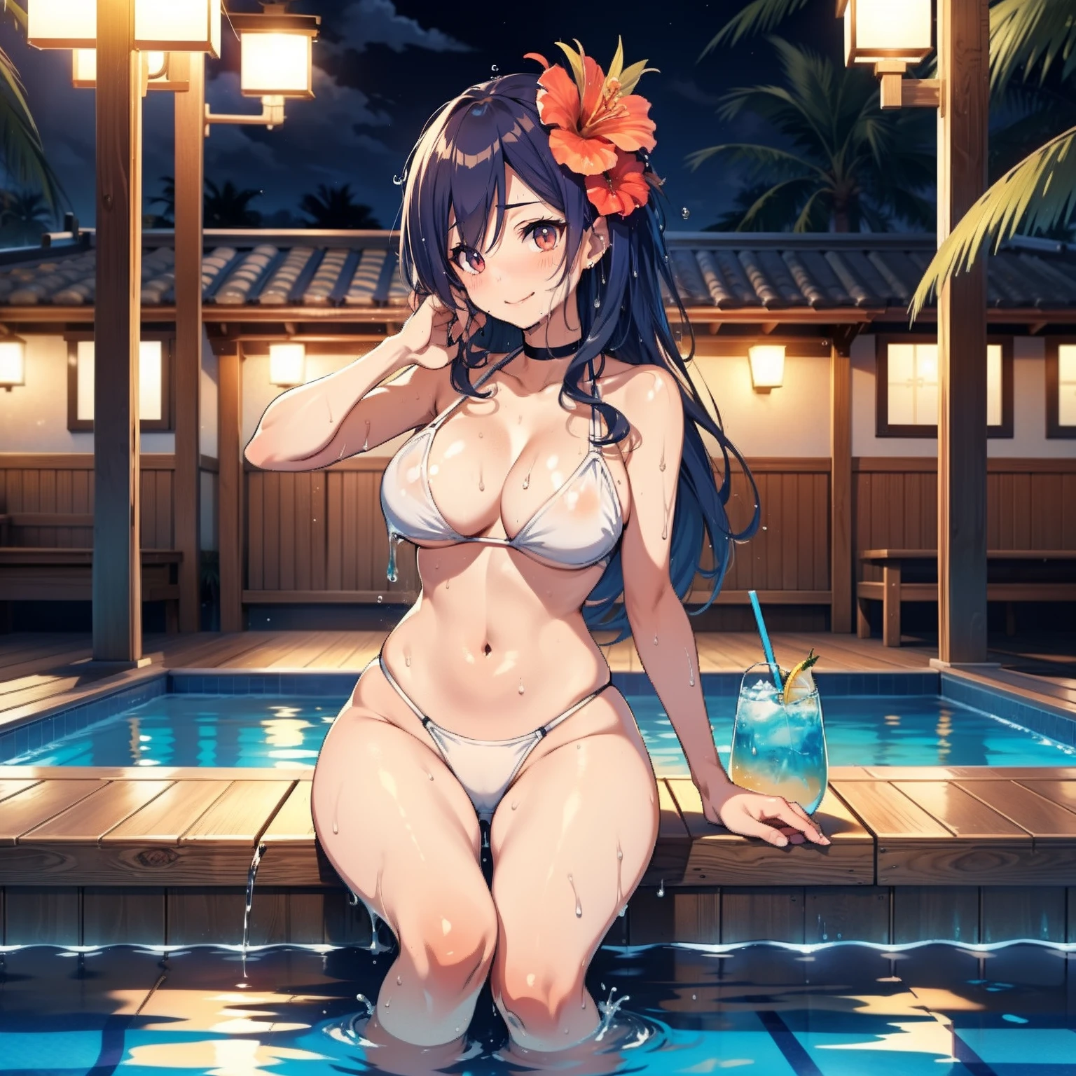 (masutepiece), Best Quality, Expressive eyes, detailed eyes, Perfect face, (Best Quality, 8K, 32K, masutepiece, Ticker: 1.2), 1 Beautiful Japan Woman, thin waist, swim wears、White Bikini、Barefoot, Night Pool、 Mirror cleaning area, Sweat, Wet, Perfect4Finger and thumb、Large pool、in poolside、tropical drink、tits out、s ass、Breasts being rubbed from behind、Shy smile、Night lighting、wetting hair、Dripping hydrogen skin、teats、、sit with your legs spread、Frontal perspective、natta、Resort、tropical drink、Lit up、hibiscus、Blue Hawaii、