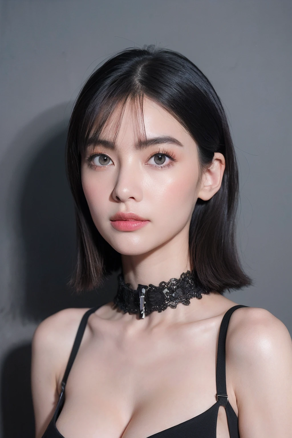(extra detailed body、extra detailed face、best qualtiy:1.2)、femele、looking at the viewers、(Fashion Show Clothes、The collar stands up to the top of the head、cleavage of the breast)、(Gray and black wall:1.4)