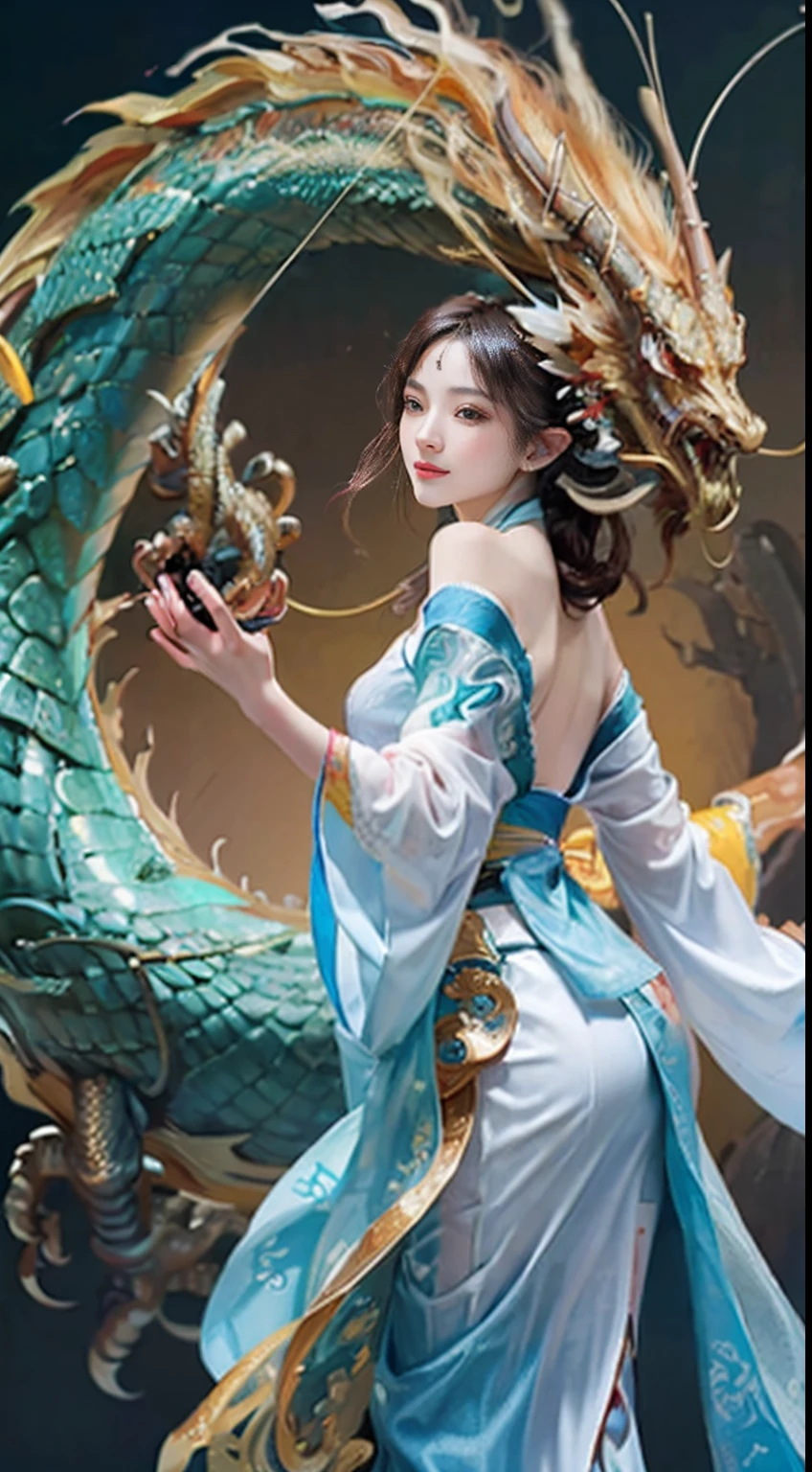 Zhong Fenghua, gorgeous hanfu, official art, Unity 8k wallpaper, super detailed, beautiful beauty, masterpiece, best quality, (tangled, tangled, tangled), (fractal art: 1.4), (character center: 1.3), 1 girl, dragon rape girl, dragon foot inserted into ass, back in ,dragon foot pierced ass, shocking domineering chinese dragon, detailed dragon head, black hair, long ponytail, Chinese, off-the-shoulder,, very detailed, dynamic angle, denim shot, (most beautiful form of chaos), ethereal, (bright colors), oc , (half: 1.2), China, (Thangka Feitian: 1.5), (Ribbon: 1.3), (Dream: 1.5), (Hanfu: 1.5), Chinese dragon, Chinese phoenix, (smile: 0.5), (Chinese god), (masterpiece, top quality, best quality, ultimate detail, highest detail, official art, beauty and aesthetics: 1.2), golden ratio, full composition