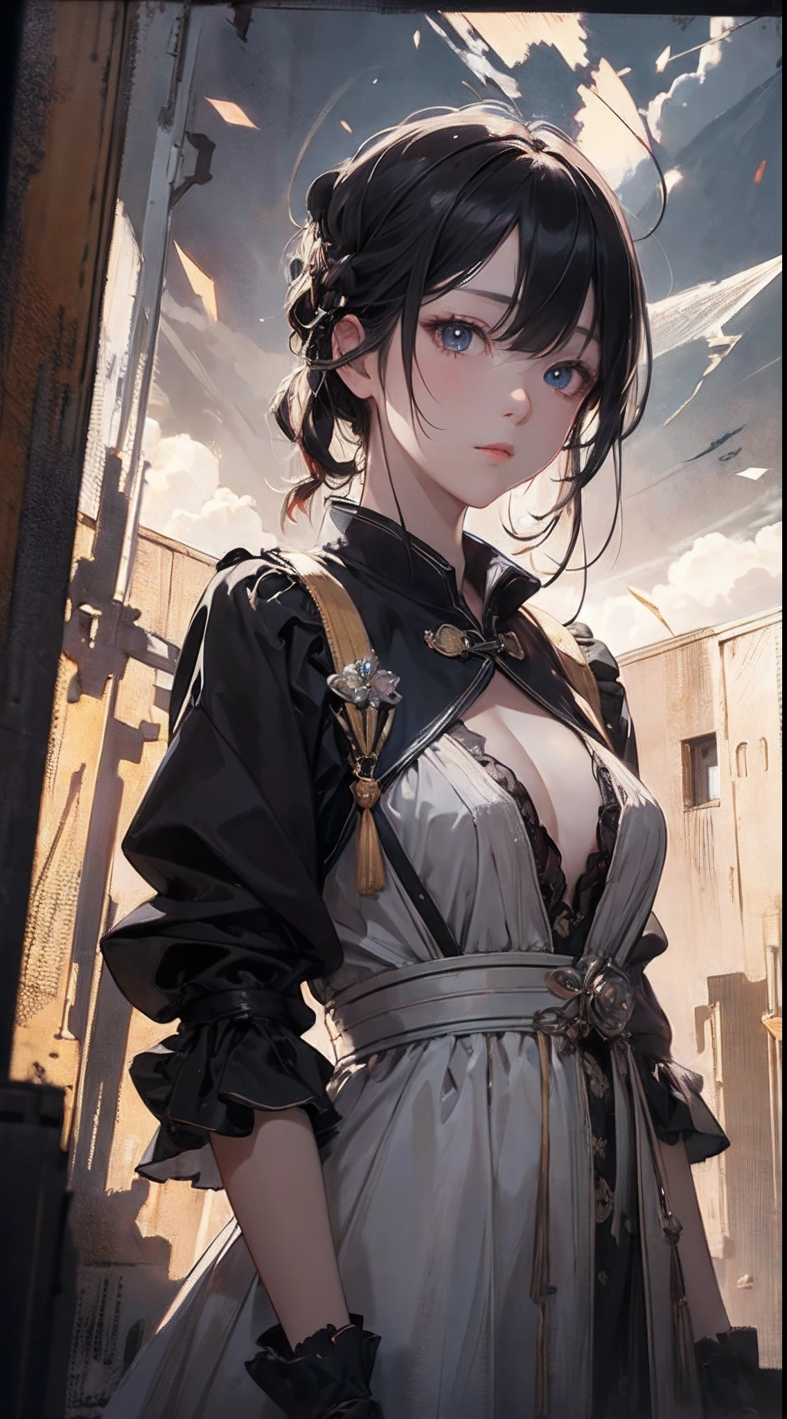 baby doll, The upper part of the body,Bigchest,Side shot, (deserted:1.3), (tmasterpiece, 最好质量, Near and far law, depth of fields:1.5), florals, Umi, clouds, beautiful face, upper legs, from below, 8K, RAW photogr, absurdist, Impresionismo, (Tom Thomson, Claude Monet, Joaquin Sorolla, James Wilson Morris, Jon Fabian Aluson, Hugh Henry Breckenridge:0.8), hdr, photoreallistic, Film grains, color difference, k hd, ultra - detailed, finedetail, 动态照明, Dramatic lighting、shadowy、Sharp focus、very detailed eyes and faces、Sharp pupils、Realistic pupils