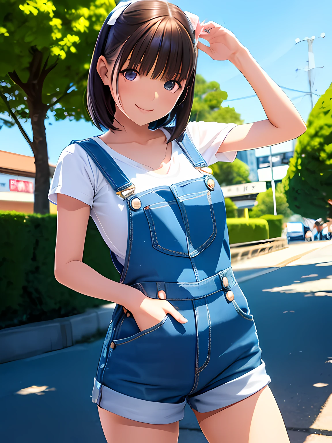 hight resolution,in 8K,Best Quality,detaileds,semi - realistic anime,Anime 3D Style,Smooth Anime CG,1 girl in,20 year old woman in Japan,slim,modeled,shiny chestnut hair,Medium Hair,Detailed face,Beautiful and detailed eyes,Glowing skin,randome pose,((Denim overalls)),((white t-shirts)),a smile,summer in city