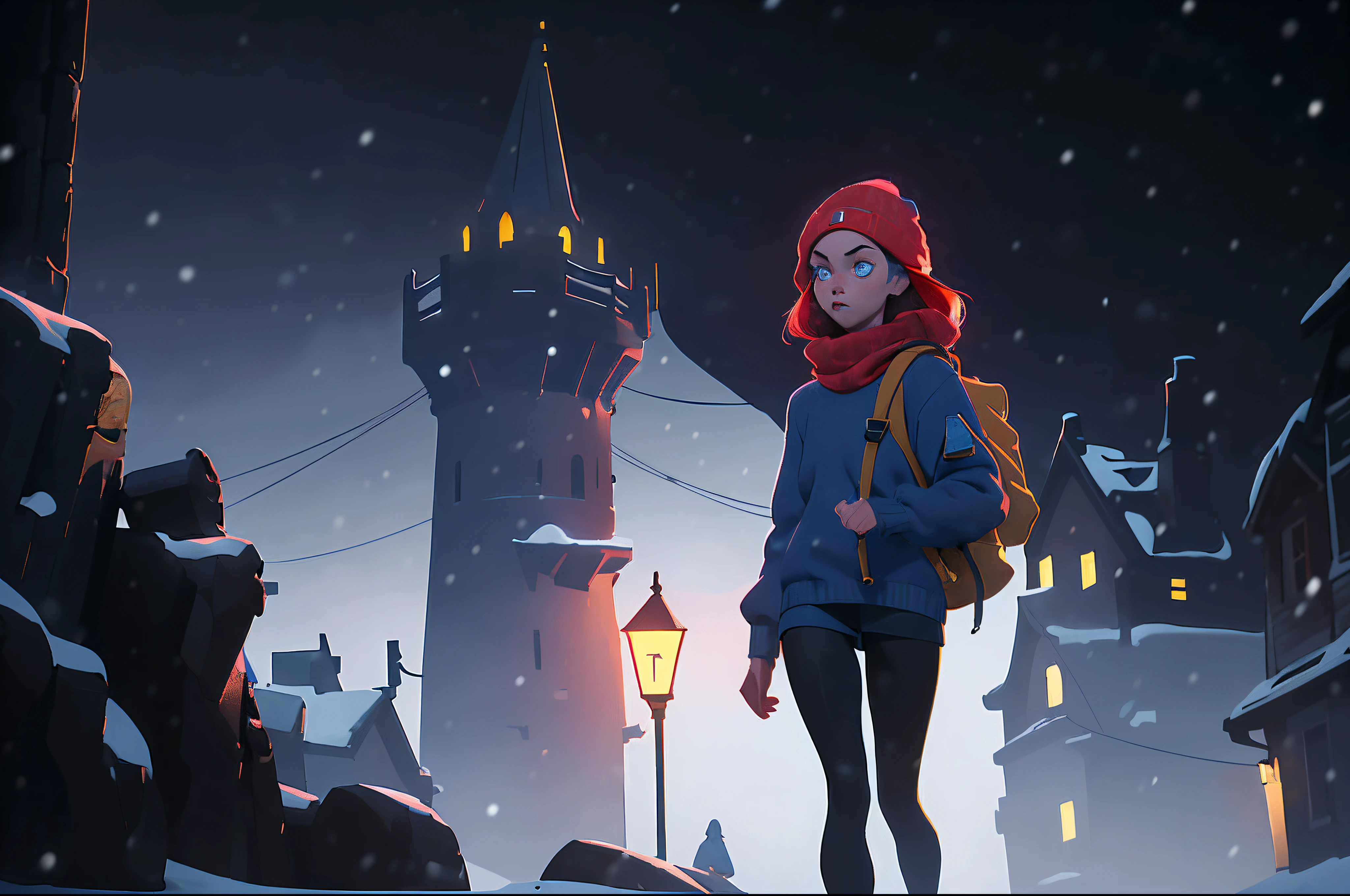 4k master piece, high detail, night time, dark, exterior of a red haired girl with blue eyes, wearing a dark blue sweater and blue beanie, with black tights and wearing a yellow backpack, walking through an empty snowy village at night, dark, scary, foggy and snowing, dynamic framing, dramatic pose