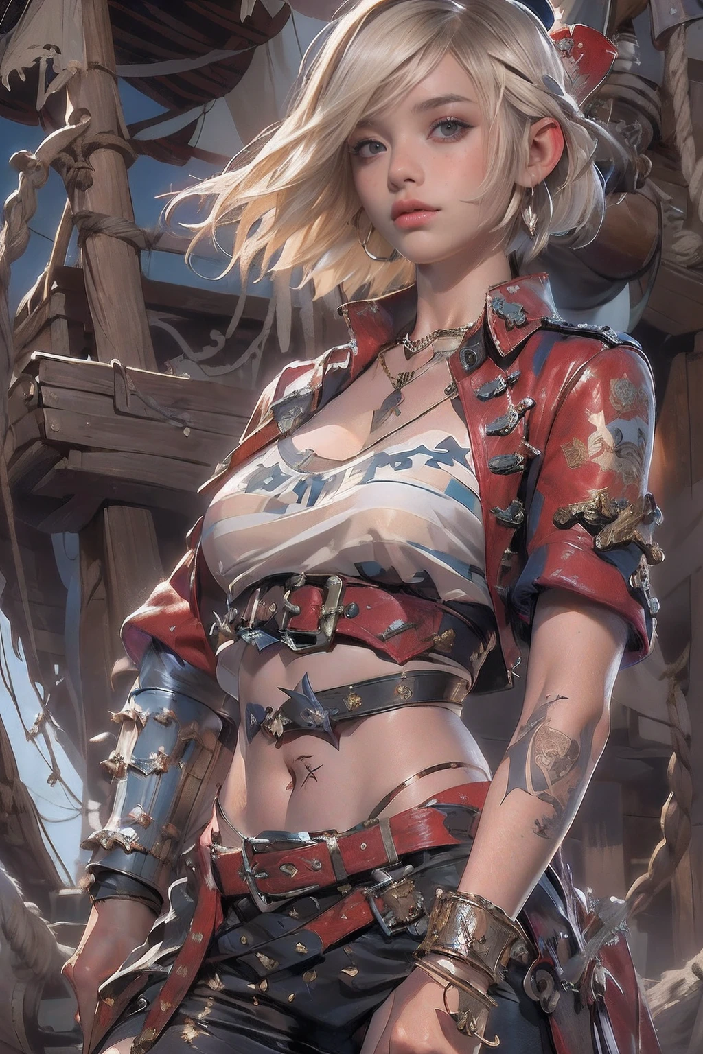 ((top-quality、8K、32K、​masterpiece、nffsw:1.3)), (superfine illustration)、(超A high resolution), (((adult body))), (((1girl in))), ((( Bob Shorthair ))), 25-year-old pirate with a perfect body, Pirate hat with metal spines,Beautiful and well-groomed face, (( Bob Shorthair )), Small leather panties,pirate clothing, Almost naked in Simon Bisley's urban savage style, short blond hair, Minimum clothing, Metal protection on the left arm with complex graphics, Dark red with white stars and blue and white stripes, s Armor, Poison tattoo (((Image from the knee up))), short white blonde hair, pirate ship background