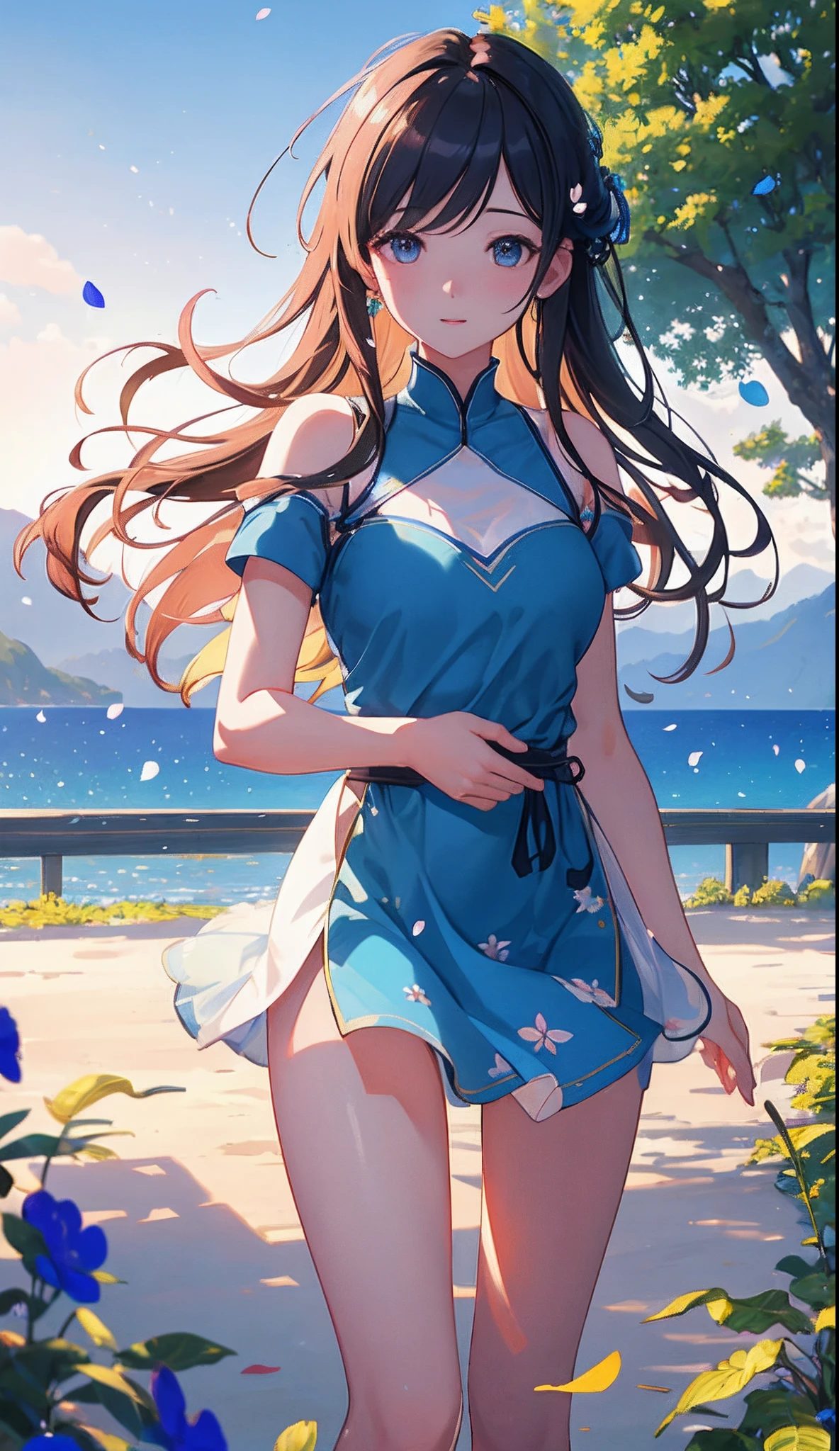 Masterpiece, best quality, (very detailed CG unity 8k wallpaper) (best quality), (best illustration), (best shadows) Nature', blue sea,delicate leaves petals of various colors falling in the air light Tracking, super detailed --v6