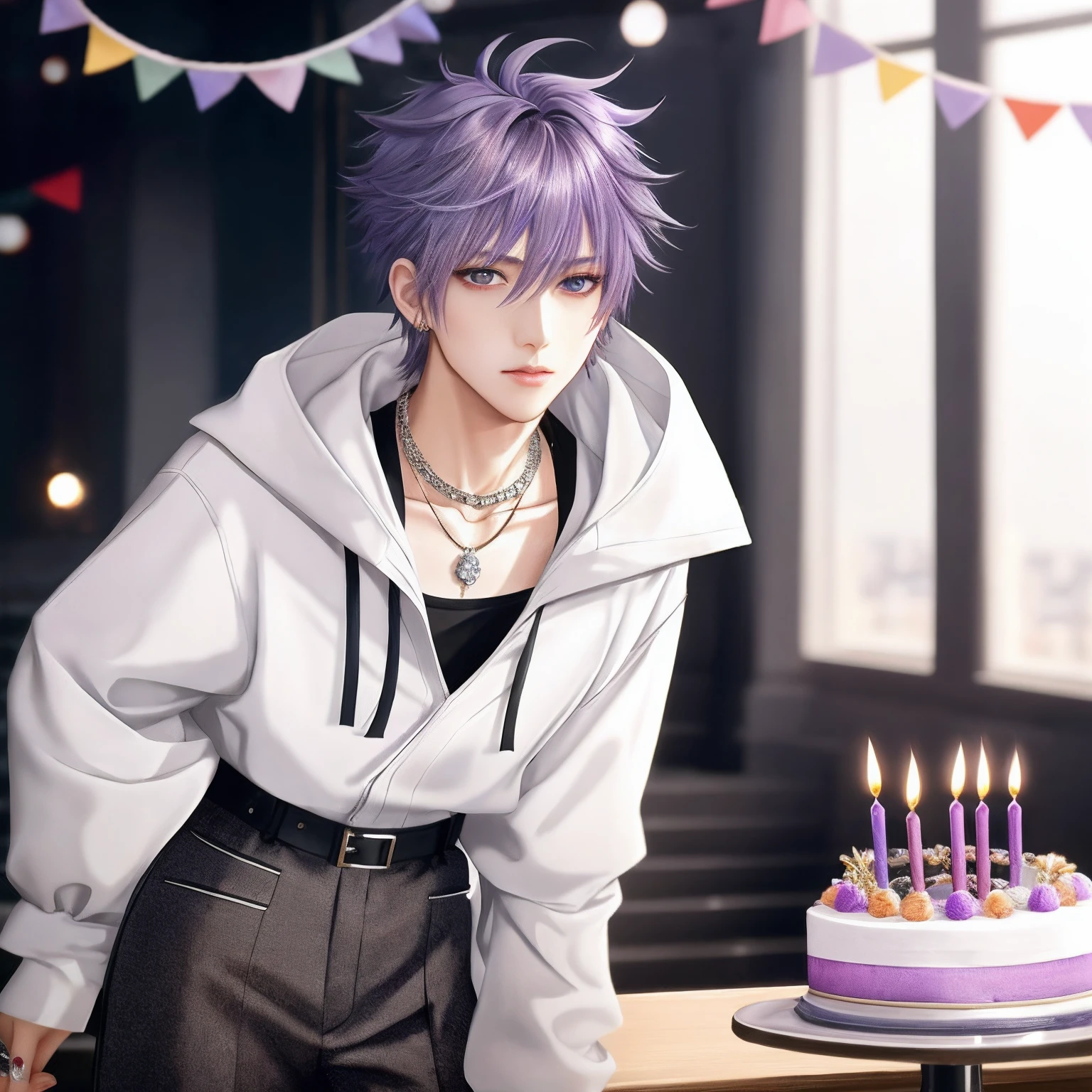 You are having a birthday party, Birthday decoration isolated on white background, Professional Photos, At Fed Man with Necklace, inspired by Sim Sa-jeong, androgynous vampire, :9 detailed face: 8, extra detailed face, detailed punk hair, ((Gray)) baggy eyes, Seductive. Highly detailed, semi realistic anime, Vampires, hyperrealistic teen, delicate androgynous prince, imvu, Bright purple hair, Gray eyes, Black Casual Korean Men's Fashion((Plain clothe)), Have a cake, Center parting bangs, short hair above the ears, ((Glaring expression)), Wild look, looking distantly, high-level image quality, masterpiece, ((1 male human)), Cake in front of you, celebration