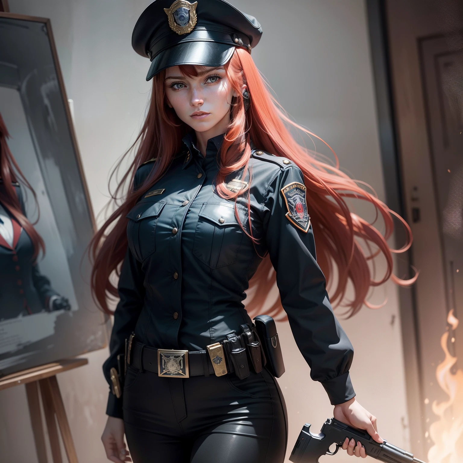 solo person，29-year-old mature woman，Red long-haired，There are broken hair bangs on the forehead，with fair skin，The hair length reaches the waist，The pupils are red，Wearing a black California police uniform，Wear a standard hat，soft facial features，face expressionless，holding gun，The painting style is delicate，Highest image quality，Bust B
