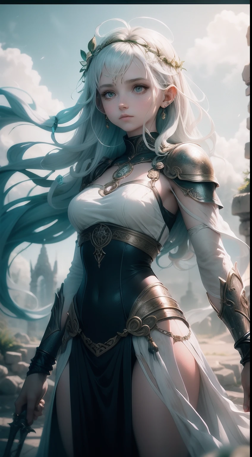 Celtic female warriors, Stone ruins, Tall and slender, Flowy dress with Celtic knot jewelry, procreate, watercolor technique, Poster design, 300 dpi, Soft lighting, Ethereal art, mysterious, Serene expression, Enchanting atmosphere, Bokeh, Photo, 8K, Dark, Dynamic action, pale washed out style, Dreamy nostalgia, Soft focus, dark halo, light leaks, Medium photography, Gloomy art painting ethereal, Whimsical, Coarse grain photos