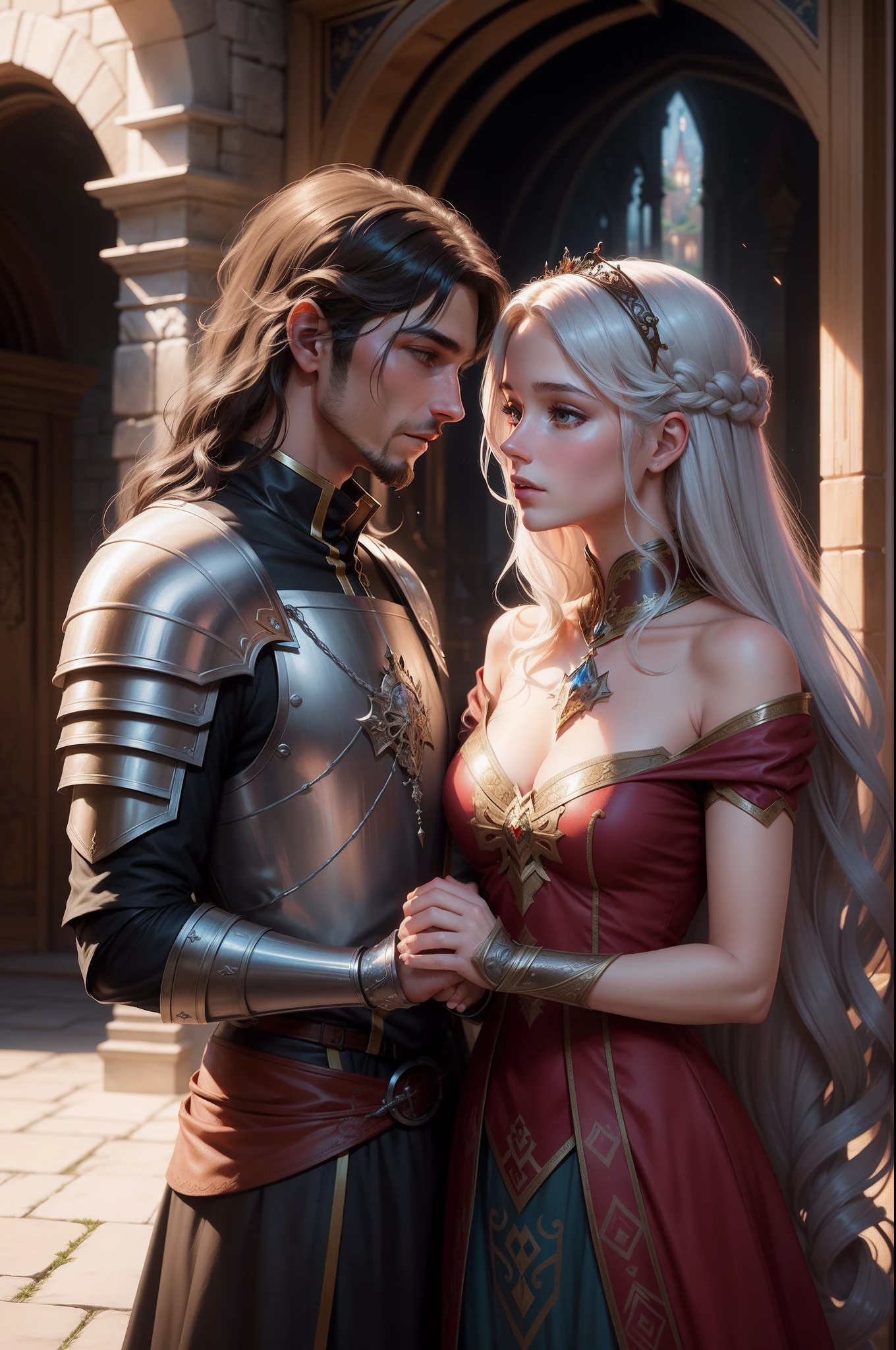There is a picture of a man and a woman kissing in front of a castle, A romantic fantasy short story collection, a love novel cover, a fantasy fairy tale story, a fantasy romance film, Magali Villeneuve and Monet, An illustration for a fantasy book inspired by Magali Villeneuve, A fantasy role-playing game book illustration, a fantasy portrait, a Knight and a Princess, a digital fantasy illustration, Fantasy Art Behans