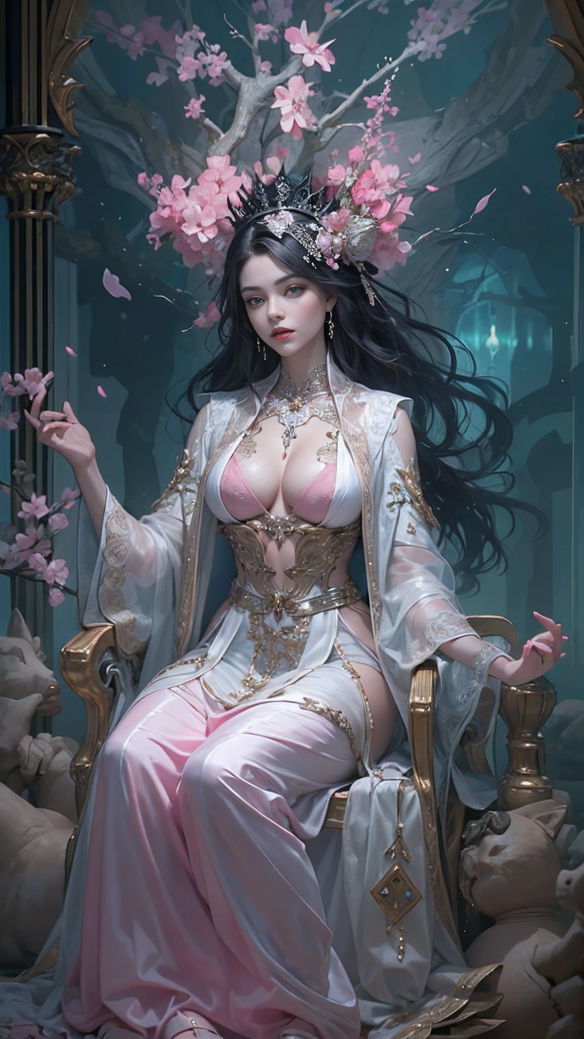 official art, unity 8k wallpaper, ultra detailed, beautiful and aesthetic, beautiful, masterpiece, best quality, Dark, atmospheric, mystery, romanticism, macabre, literature, art, fashion, Victorian, ornamental, intricate, ironwork, lace, brooding, emotional depth, supernatural, (ultra Detailed scene) , (masterpiece) , pretty girl , white thin robe , thick leg , large chest , large hips, shaped body , shaped face , Both_of_eyes_are_same , blue eyes , full body close up , putting hand like pray while standing , dark pink lips , shaped nose and ears , black straight hair , silver crown , wind blowing through the hair, thousand pink blossom twirling her like storm , ruined pray stone with rune and symble on it , has old rune as black tattoo on her neck to arm , mist under her feet , 100 mini light balls around her , (high detailed face), (ultra pretty face) , black eyebrow , short white net robe , dark scene , dark fantasy art style , magic , magic ball in her hand , pink glowing aura around her , pinkish scene , sitting on the throne and one leg is up , one leg is on the other one, showing her body, (ultra detailed face),(ultra detailed magic shape) , (ultra detailed blossom) , (ultra detailed net robe)