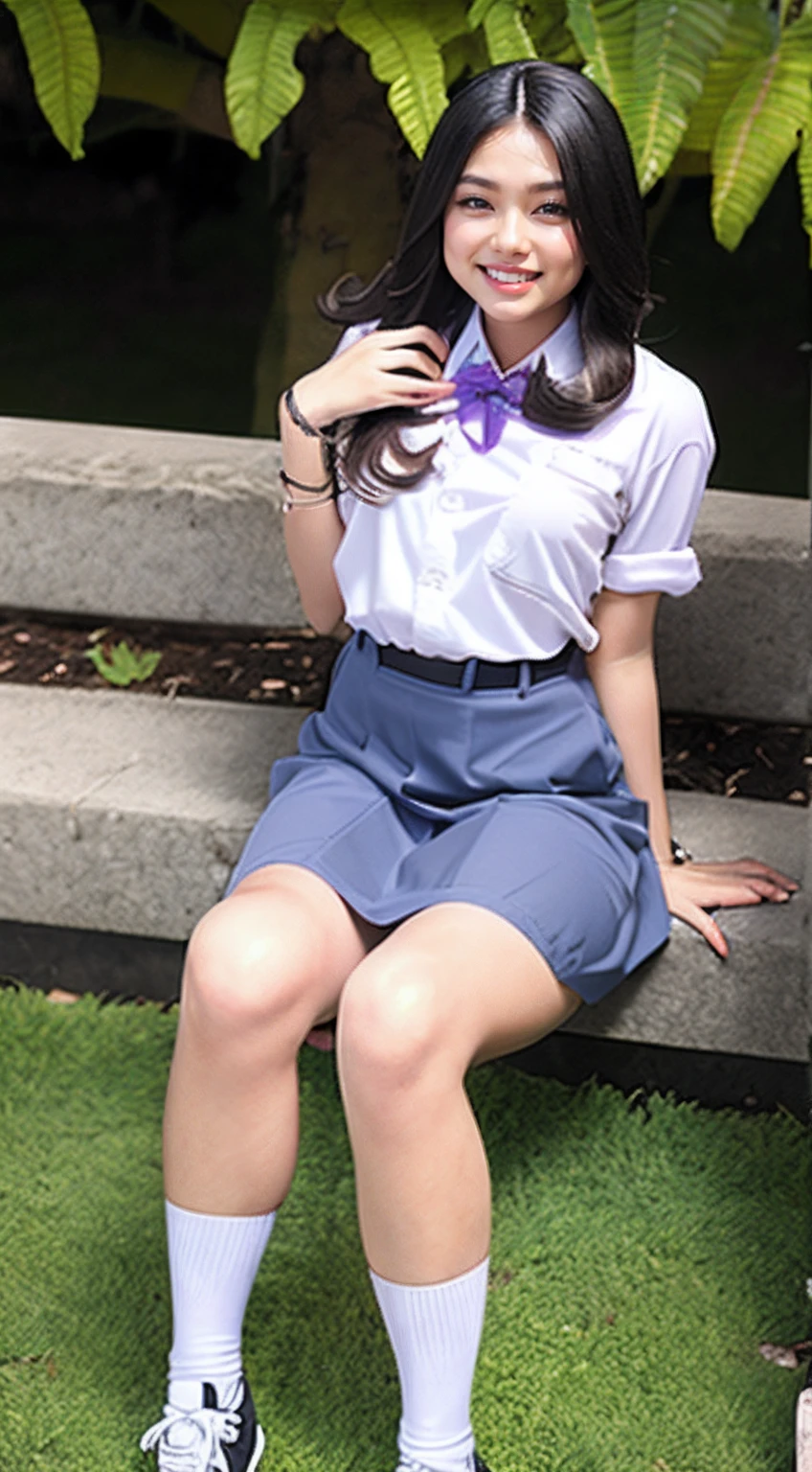 masterpiece, best quality, 8k, official art, raw photo, beautiful girl, pretty face, (sitting, cowboy shot, indonesia school uniform, thighs:1.2), looking at viewer, , huge breast, classroom, ultra realistic, highres, photography, gray indonesia uniform skirt, film grain, chromatic aberration, sharp focus, facelight, dynamic lighting, cinematic lighting, highest detailed, extreme detailed, full body, converse shoes with long socks until below of knees