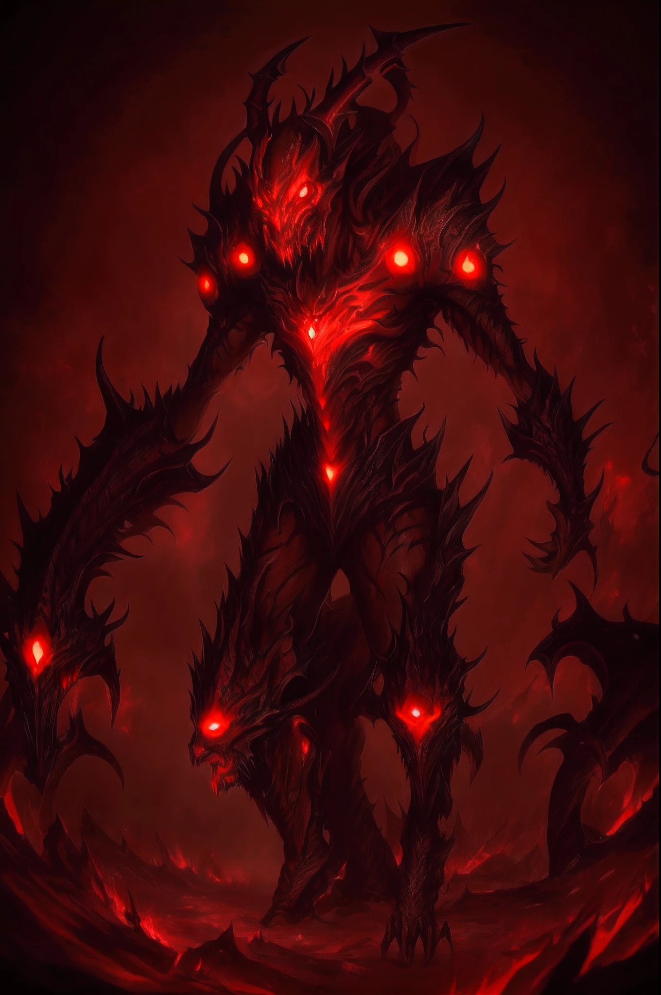 Portrait photo, top, Dramatically, A dark red demon with glowing eyes and claws, demon soul concept art, Demonic creature, One demon-like creature, One demon-like creature, Demonic Monster, with red glowing eyes, Nanotech demonic horror monster, demon armor, red glowing eyes, red demon armor, diablo concept art, monster concept art, Armor dress, Inspired by a demonic dragon, human male demon