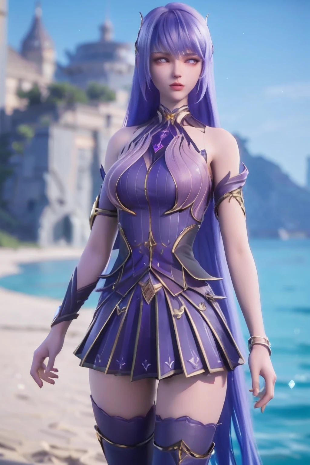 caier, (8k, RAW photo, best quality, masterpiece:1.2),
(realistic, photo-realistic:1.1), ultra-detailed, extremely detailed cg 8k wallpaper,fashion,
(crystalstexture skin:1.2), (extremely delicate and beautiful),
1girl, jewelry, (large breasts:1.5),long hair,bare shoulders,looking at viewer, (beach:1.2), on beach, earrings, natural lighting, soft lighting, day, outdoors, sea, (tropical:1.2), white sand, light blue water, PURPLE HAIR, legs, thighhighs, blowing hair, flowing hair, breeze, windy, windswept hair, purple skirt