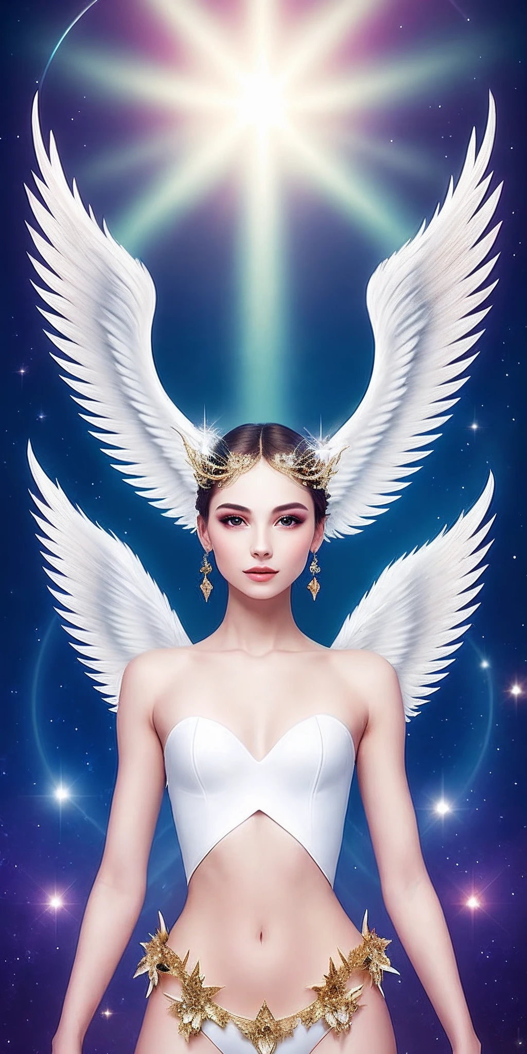 An angel is depicted with a pale and luminous complexion, their skin seemingly glowing with an otherworldly radiance. They are adorned with a pair of sparkling and graceful wings, symbolizing their divine nature. The scene is ethereal and enchanting, capturing the beauty and mystery of these celestial beings. angel, pale, luminous, complexion, glowing, otherworldly, radiance, sparkling, graceful, wings, divine, ethereal, enchanting, beauty, mystery.upper body,