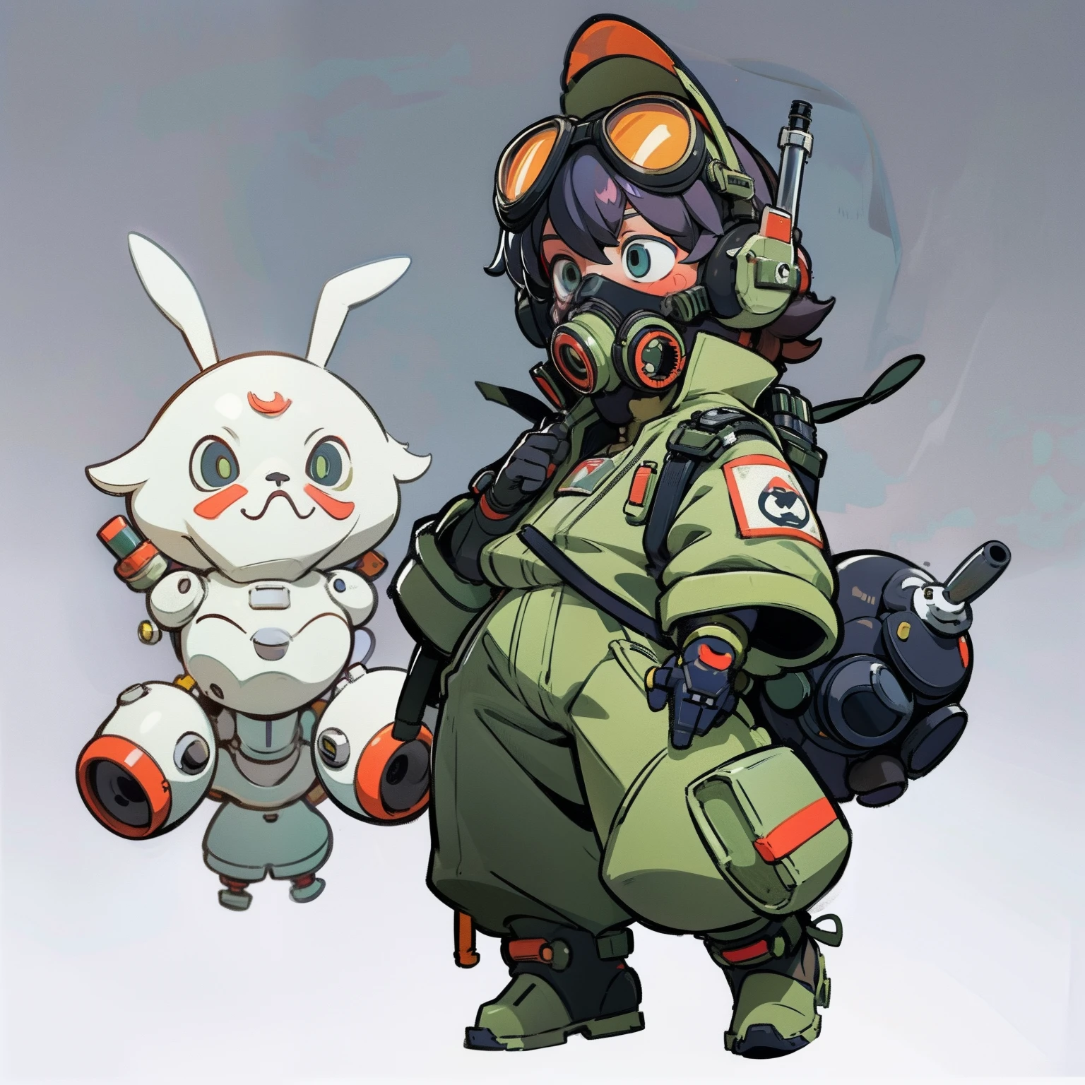 masutepiece, Best Quality, ((Full body shot)), No background, White background, a gas mask, Robot goggles, headphones, mechanical bunny hat, Military, Man's, long boots, camo, Chibi