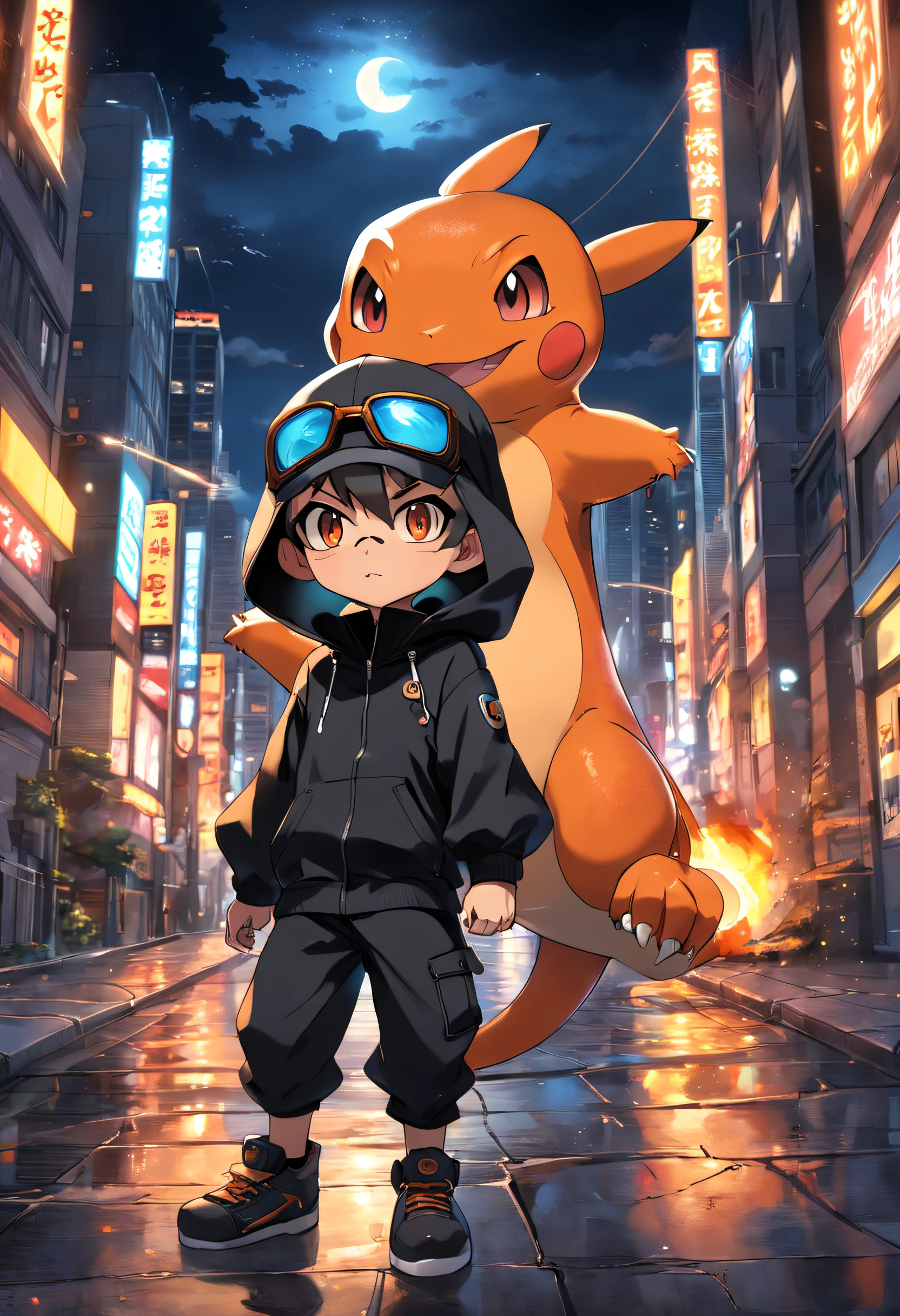 a highly detailed illustration of Pokémon Charmander wearing the iconic black spy suit and a pair of sunglasses, qualidade excepcional, dinamic pose, mischievous expression, urban night scenery, lighting dramatic, estilo de desenho hiper-realista