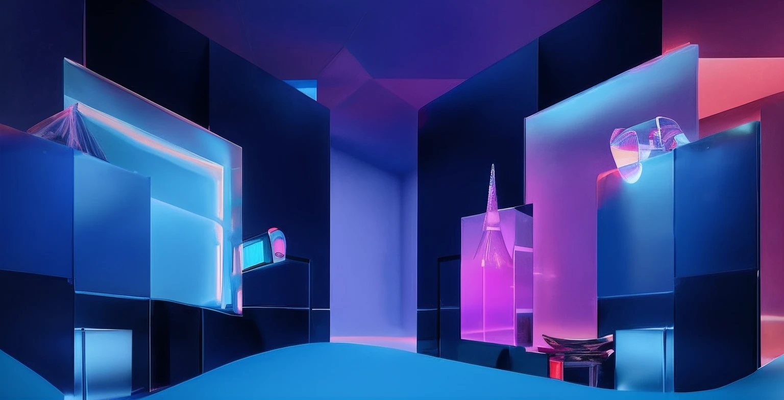 There are many pieces of glass of different colors in this room, Glass matte texture，neonlight，vaporwave lighting, glowing blue interior components, virtual metaverse room, brightly lit blue room, purpleish color，orange colors，3D, Architecture of Japan，cinema 4d colorful render，c4d