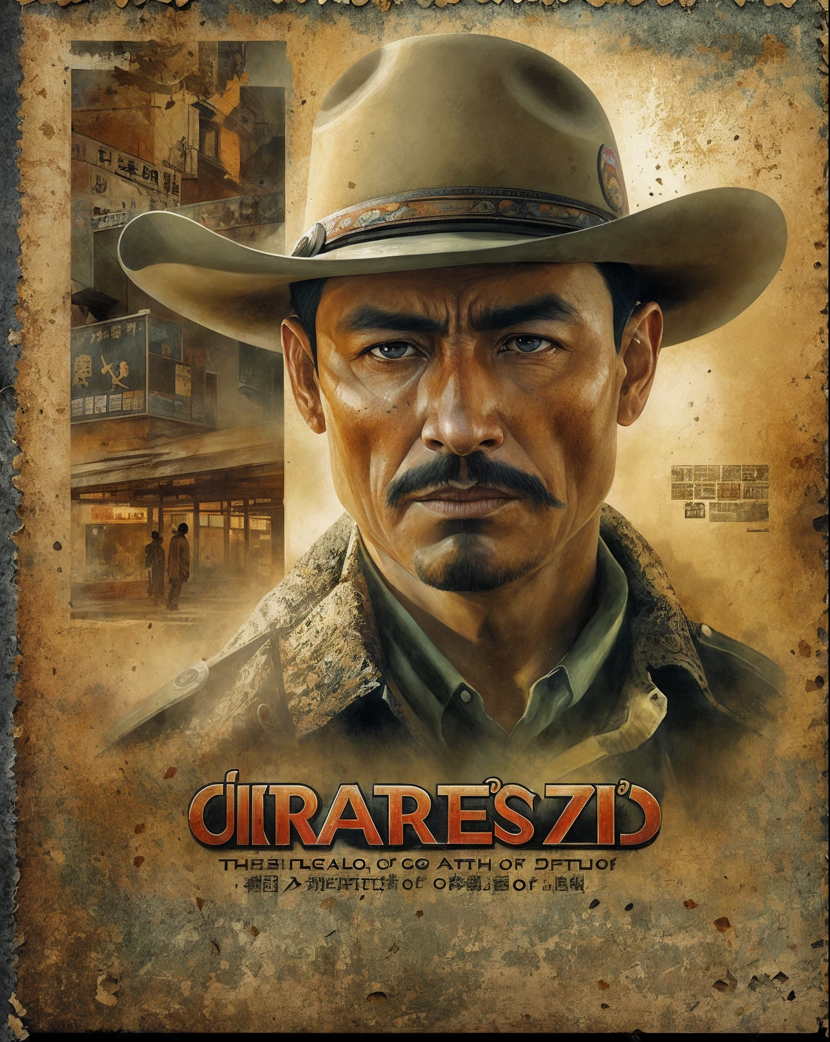 Juarez's call: cartel，VHS effect，（poster for：1.6），poster on wall，Nostalgia，filmposter，Western film（skin textures），intricately details，finely detailled，Hyper-detailing，Ray traching，sub surface scattering，diffused soft lighting，shallowdepthoffield，author：（Oliver Waite） CGSociety trends，复杂，high detal，Sharp focus，dramatics，The art of realist painting by Greg Rutkowski