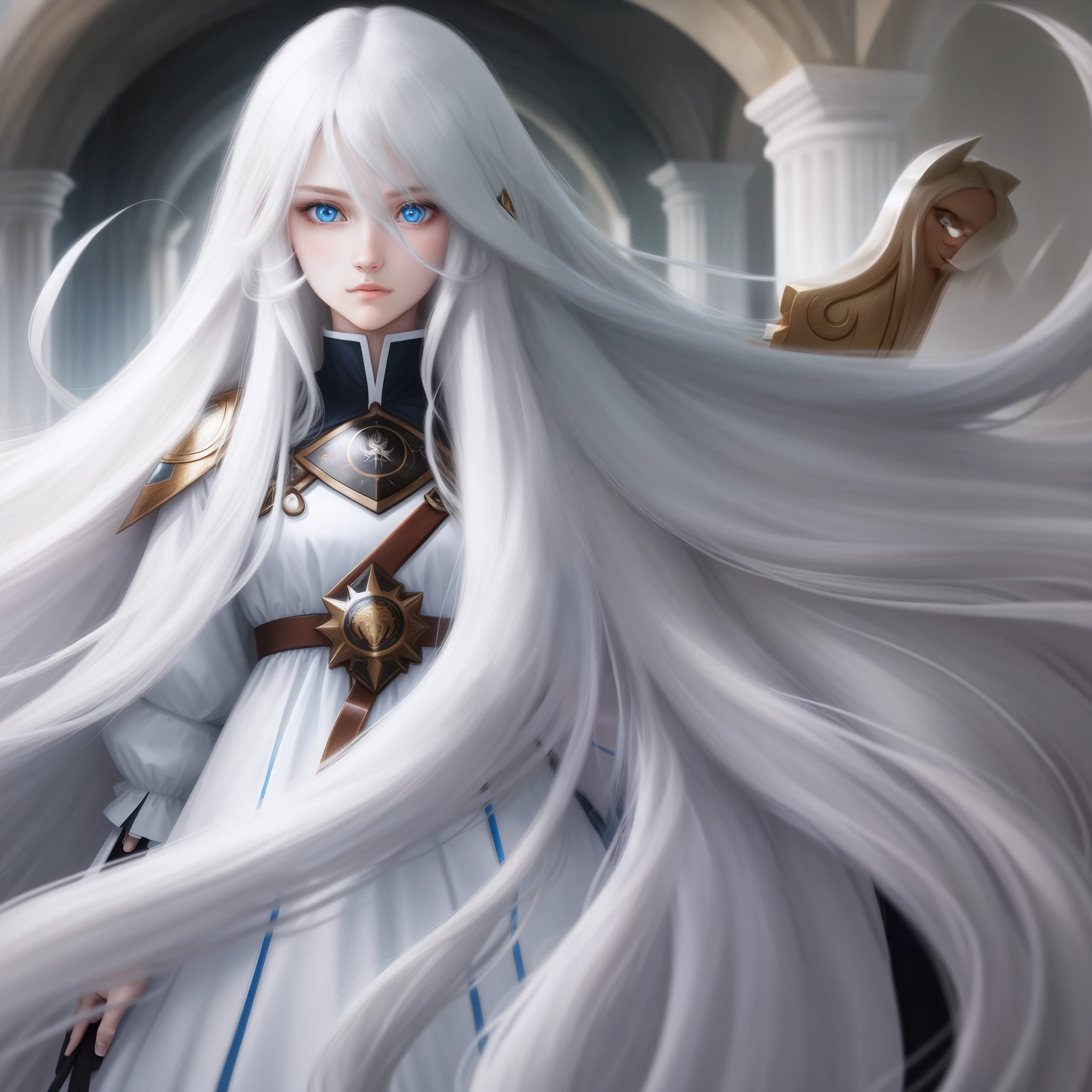 long whitr hair.eBlue eyes,goodlooking