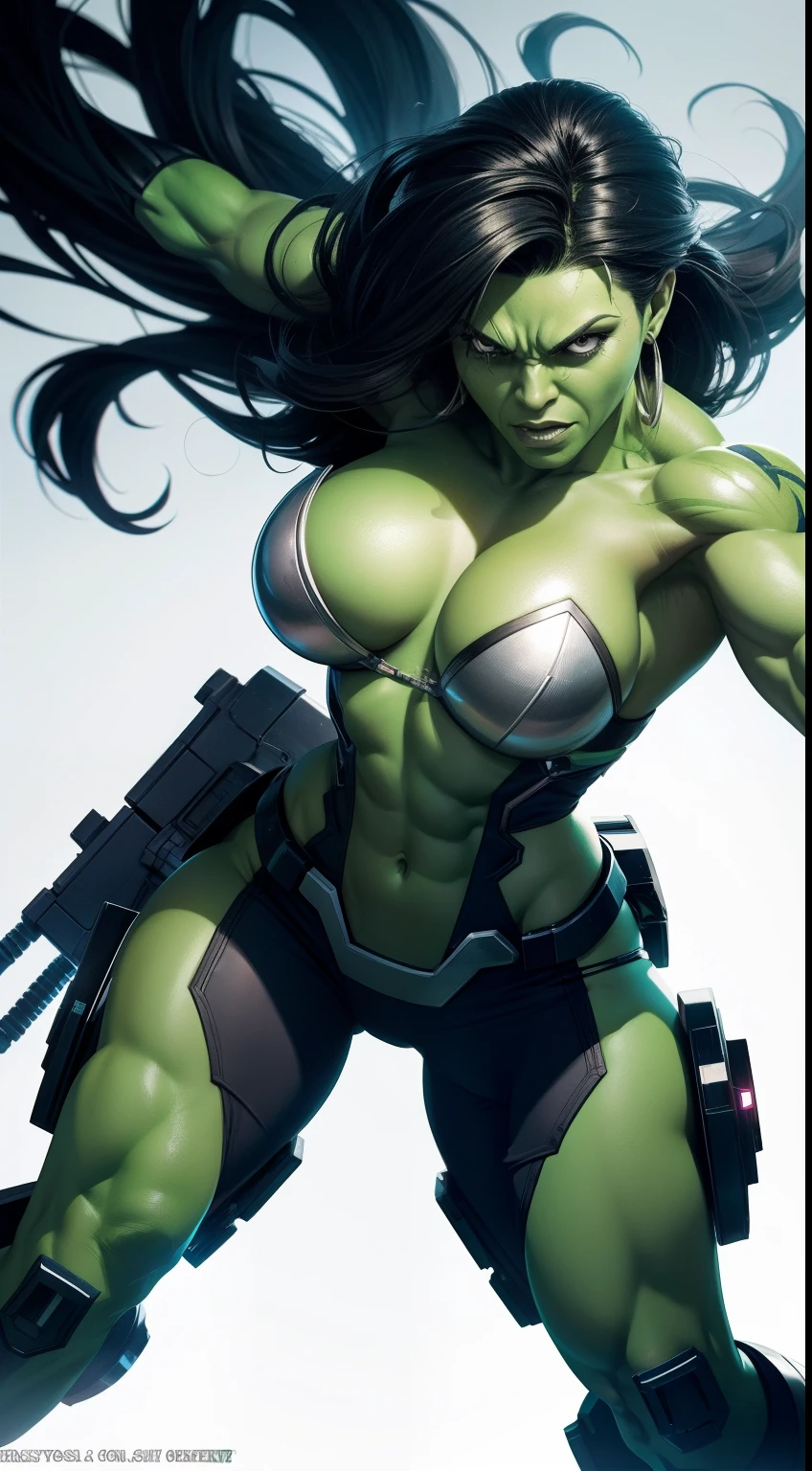 She-Hulk  (cyborg) от Marvel Comics, fantasy setting, Dynamic poses, whitebackground, Character concept, character art, Character portrait, tmasterpiece, beste-Qualit, best resolution, 8K
