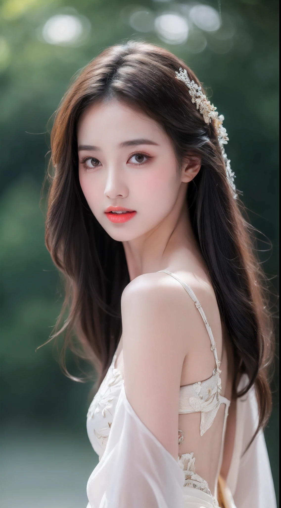 ((Best Quality, 8k, Masterpiece: 1.3)), Focus: 1.2, Perfect Body Beauty: 1.4, Buttocks: 1.2, ((Layered Haircut)), (Wet Clothes: 1.1), (Rain, Street:1.3), (Breasts: 1.2), (Hanfu: 1.2), Bare Shoulders, Bare Legs, Highly Detailed Face and Skin Texture, Fine Eyes, Double Eyelids, Whitened Skin, Long Hair, (Shut Up: 1.5), (Bokeh Background: 1.5), Big Breasts