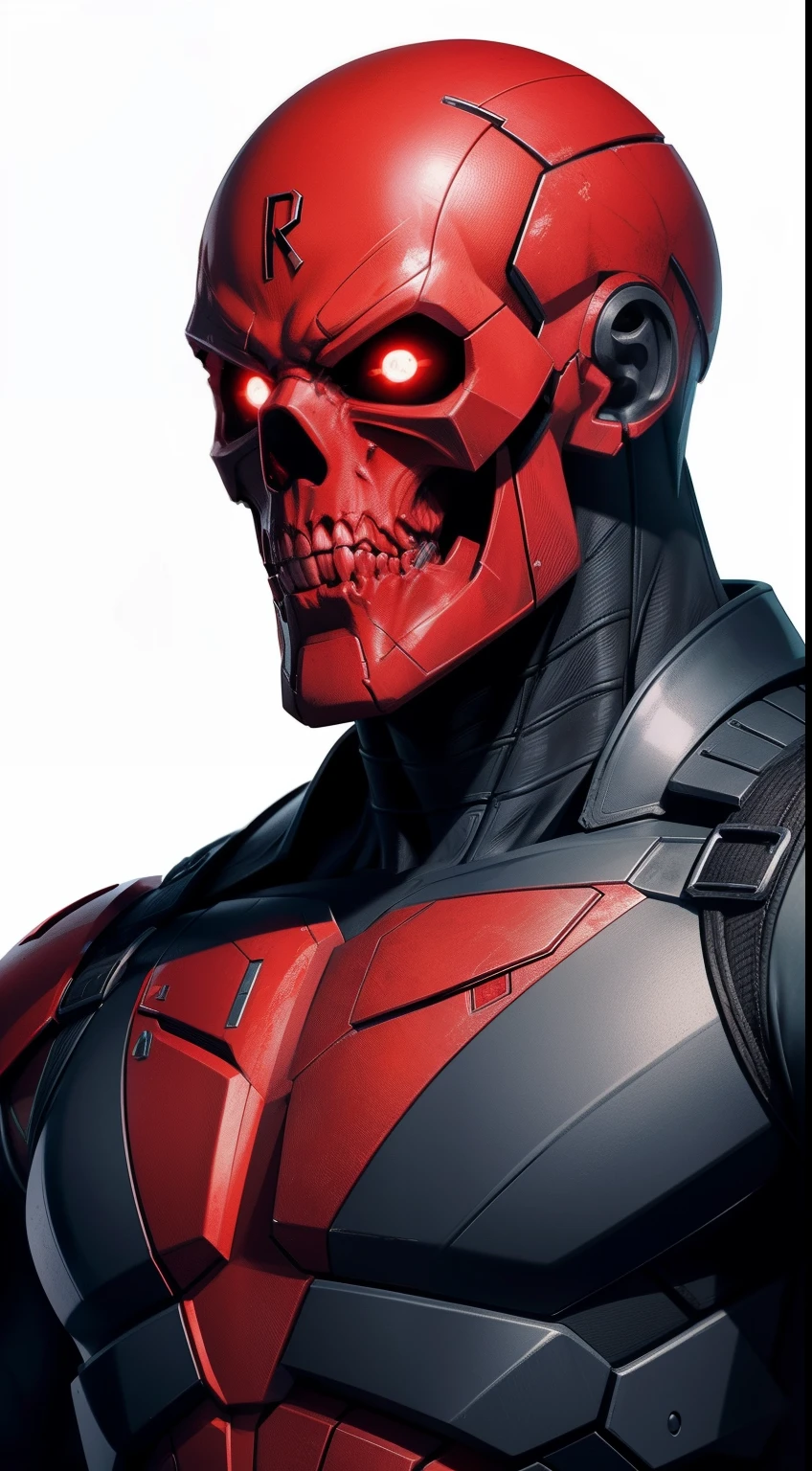 Red Skull (cyborg) от Marvel Comics, fantasy setting, Dynamic poses, whitebackground, Character concept, character art, Character portrait, tmasterpiece, beste-Qualit, best resolution, 8K