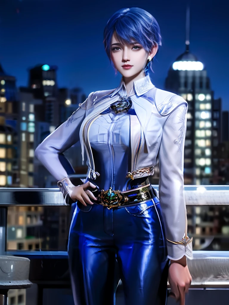 1girll, Mature female, Cityscape, Night, view the viewer, Short hair, belt,Blue shirt,jewelry, Earrings, , Long sleeves, Collar,Pants, Trim,huge tit，Stretch breast makeup，