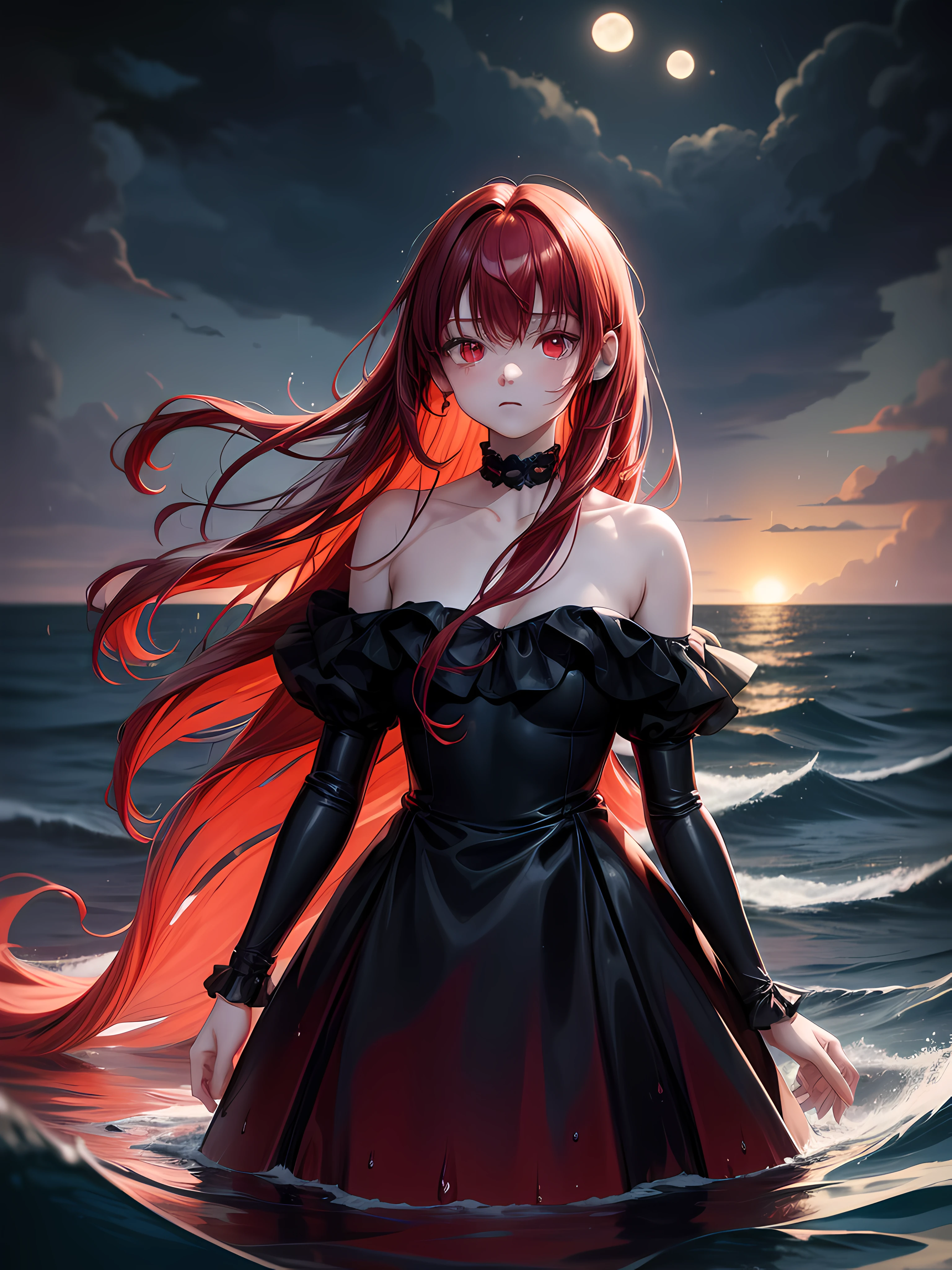 1girl ,alone ,rainy weather ,floating on sea ,long red hair ,red eyes ,with a face that feels nothing ,bored and overwhelmed by everything ,dark weather ,13 years old girl ,dressed elegantly in a full-body black gown ,looks glow ,Glow Eyes ,In the middle of the vast ocean ,staring at the moon