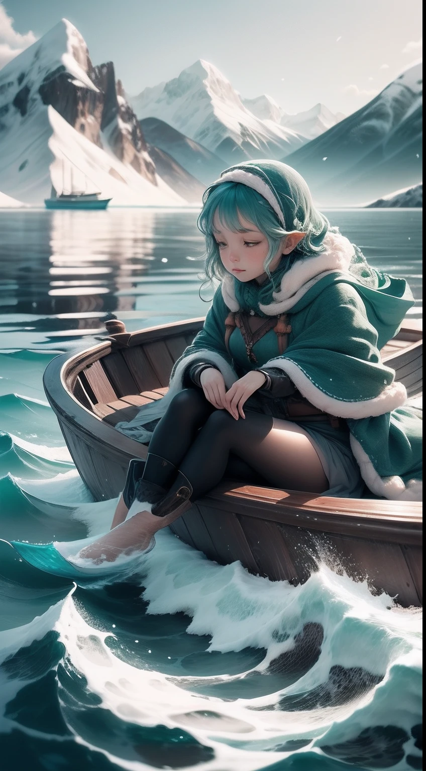 Lonely woman in a boat,Small waves, Surrounded by vast emerald snow-capped mountains and a deep blue ocean.