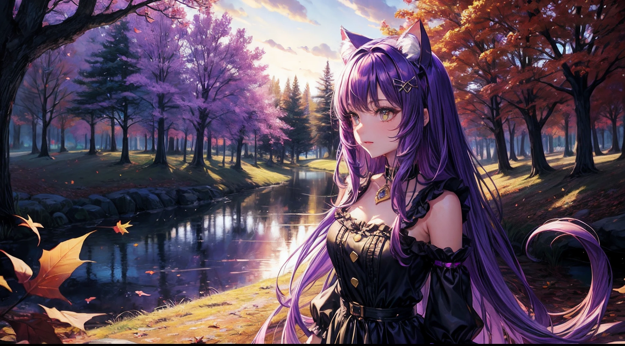 Cheshire Cat, metallic chocker, long hair, medium hair, purple hair, animal ears, cat ears original, 1girl, (solo), scenery, scene, red trees, forest, lake, autumn,