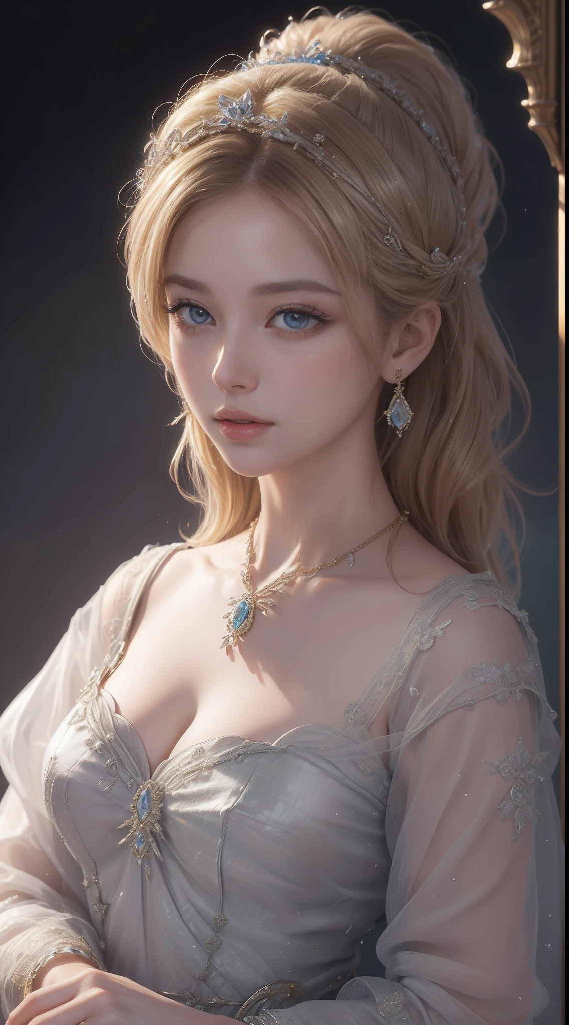 tmasterpiece,Highest image quality,Beautiful bust of a royal woman,Delicate blonde hairstyle,Decorated with dazzling intricate jewelry,super detailing,upscaled。