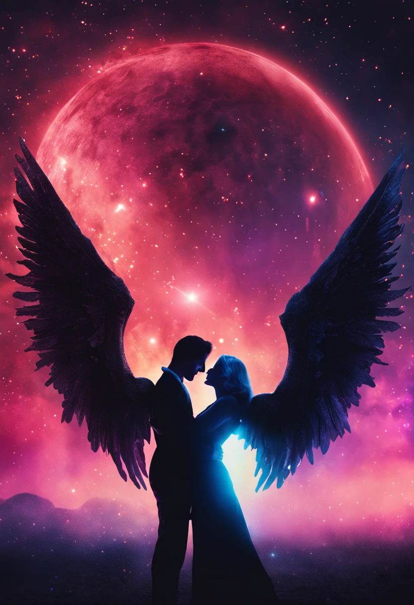 A romantic embrace between an angel and a devil couple, Illuminated by distant nebulae.