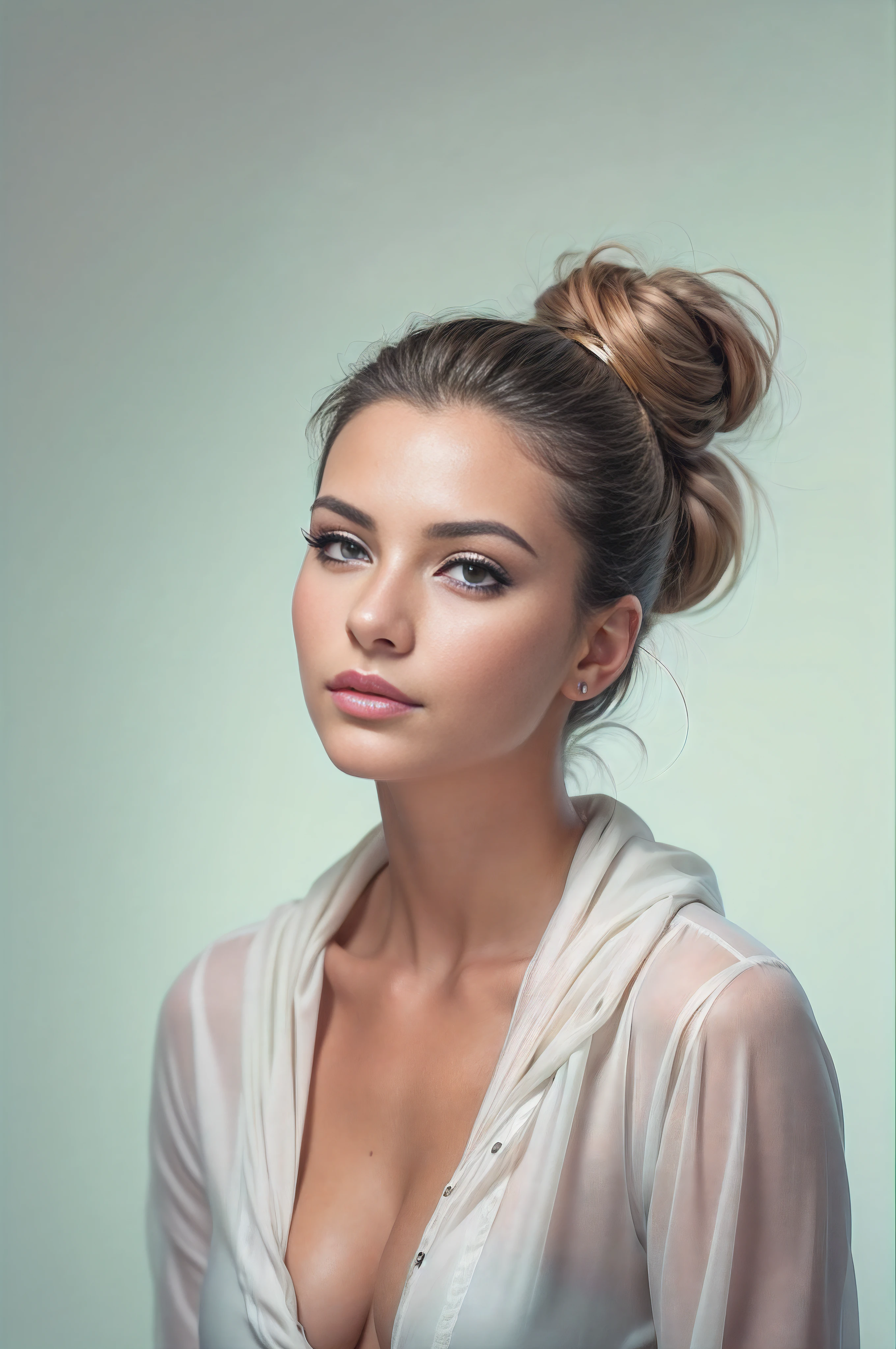 a stock beauty photo of a beautiful woman, white background, beauty photography, studio photo, portrait, hair in bun, 8k, highly detailed, photograph, commercial, realistic skin texture, Photorealistic, Ultra Detailed, 8k, DOF, 85mm prime lens, Canon EOS 5D Mark IV