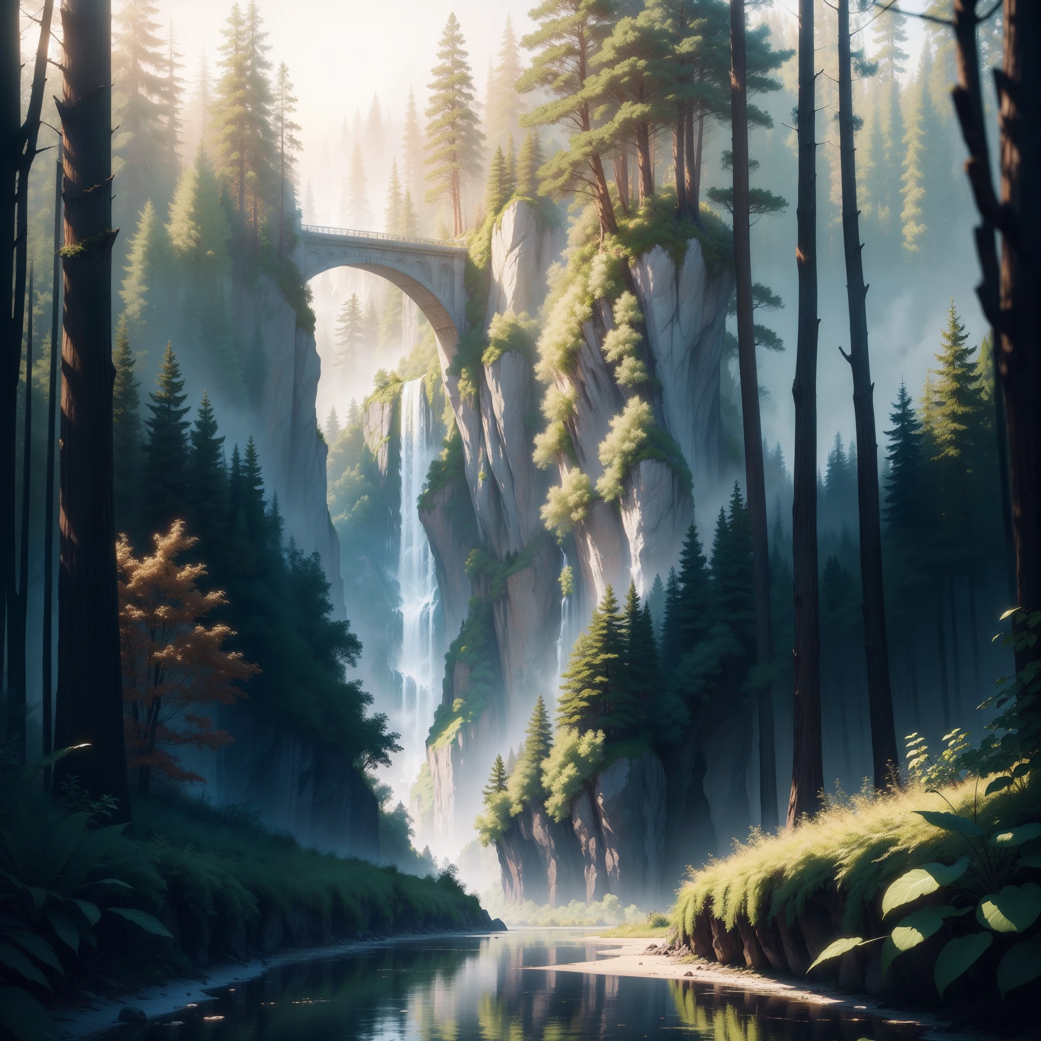 Analog style,ChromaV5,nvinkpunk,(extremely detailed CG unity 8k wallpaper),An image of a majestic river, trees on the sides, tiny waterfall, intense fog ,award winning photography, Chromatic Aberration, Detailed , HDR, Bloom, style by Monet, Pissarro, and Sisley ,trending on ArtStation, trending on CGSociety, art by midjourney