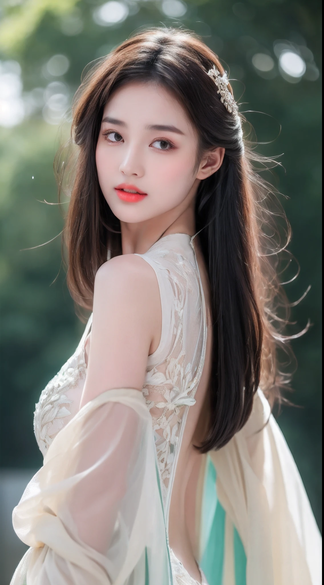 ((Best Quality, 8k, Masterpiece: 1.3)), Focus: 1.2, Perfect Body Beauty: 1.4, Buttocks: 1.2, ((Layered Haircut)), (Wet Clothes: 1.1), (Rain, Street:1.3), (Breasts: 1.2), (Hanfu: 1.2), Bare Shoulders, Bare Legs, Highly Detailed Face and Skin Texture, Fine Eyes, Double Eyelids, Whitened Skin, Long Hair, (Shut Up: 1.5), (Bokeh Background: 1.5), Big Breasts